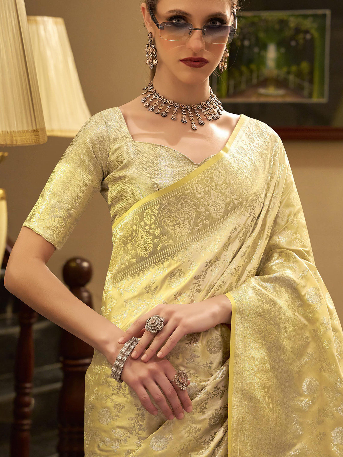 Beige wedding wear satin silk saree