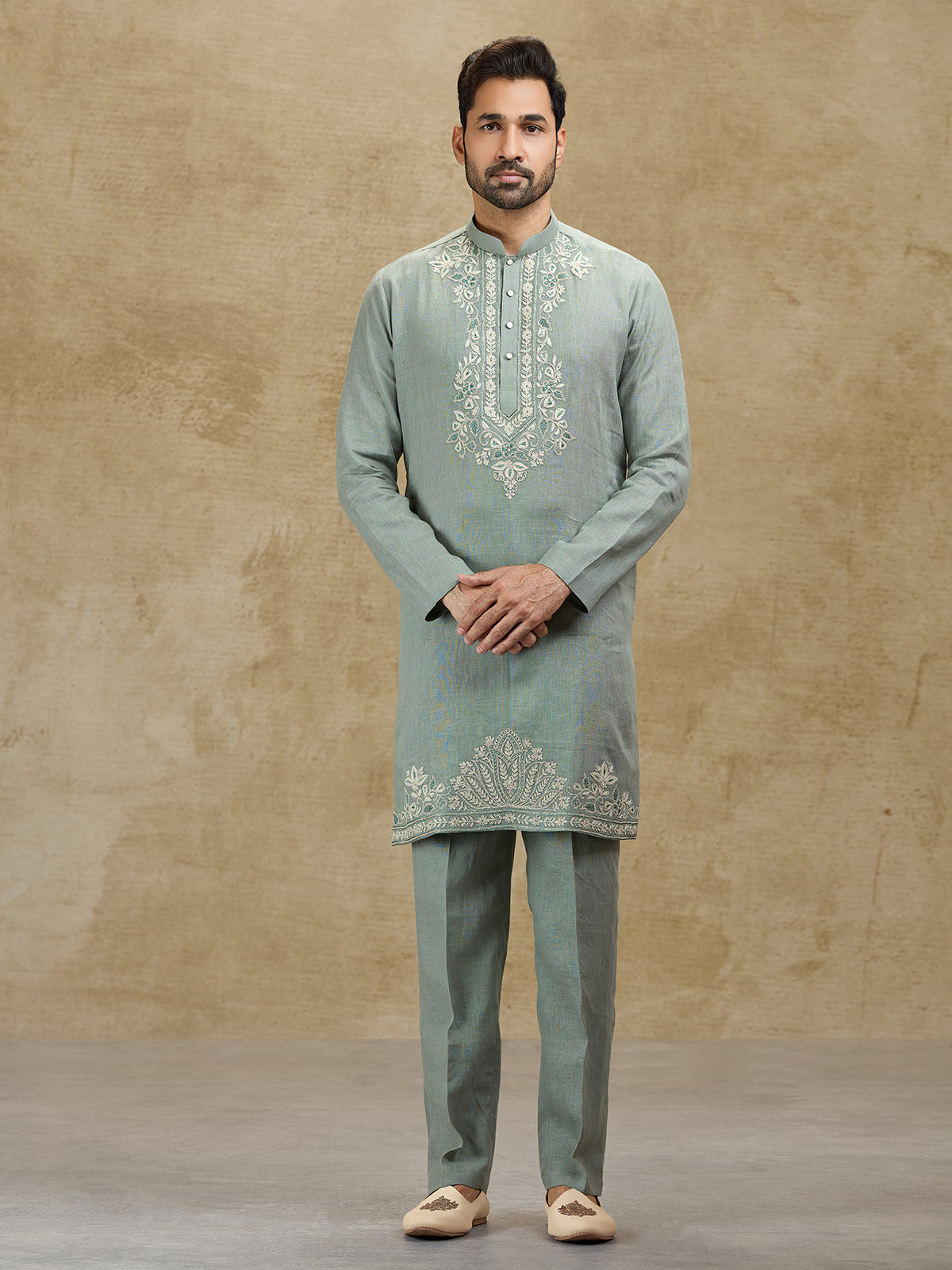 Mint blue festive wear pure linen kurta suit