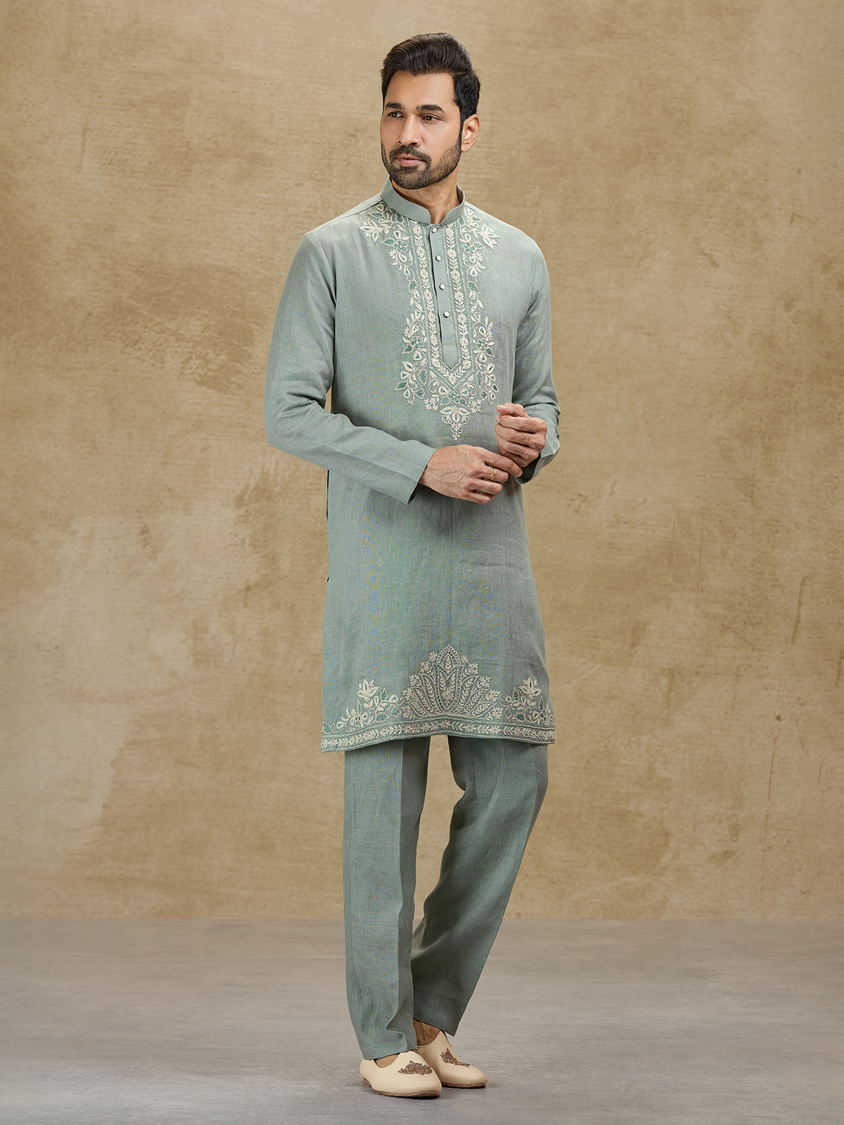 Mint blue festive wear pure linen kurta suit