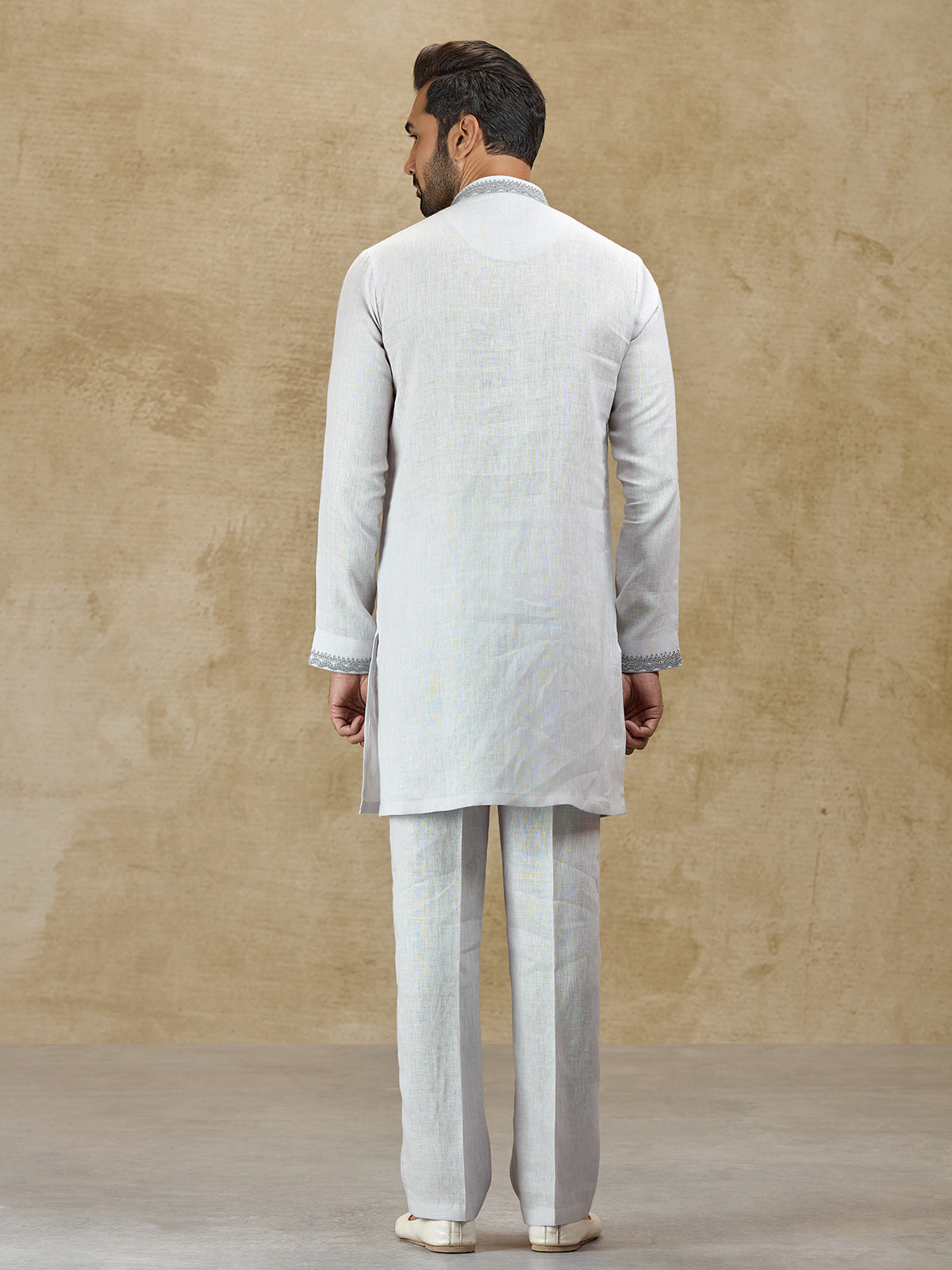 Ice grey linen kurta suit with embroidery