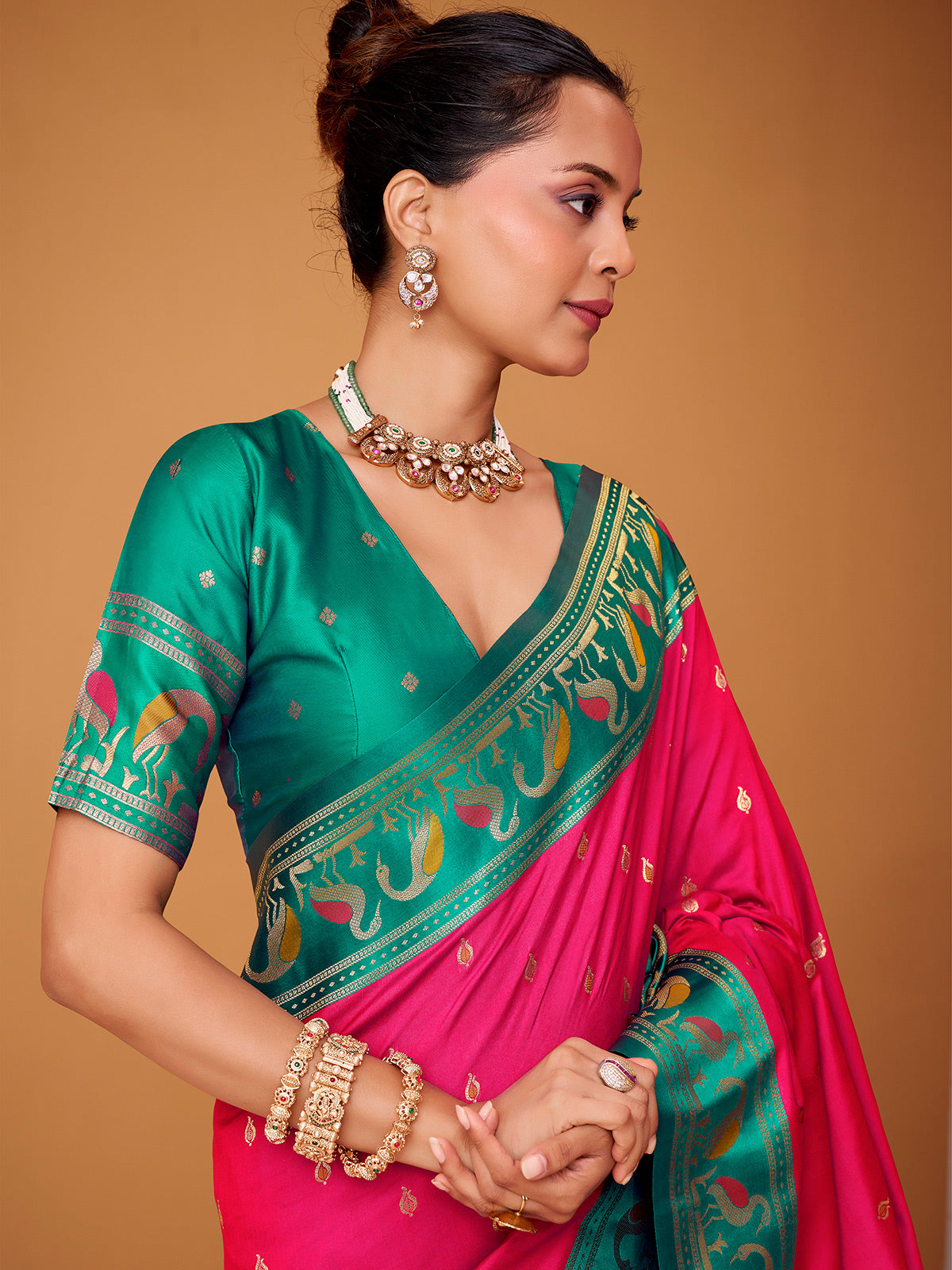 Rani pink zari worked satin silk saree