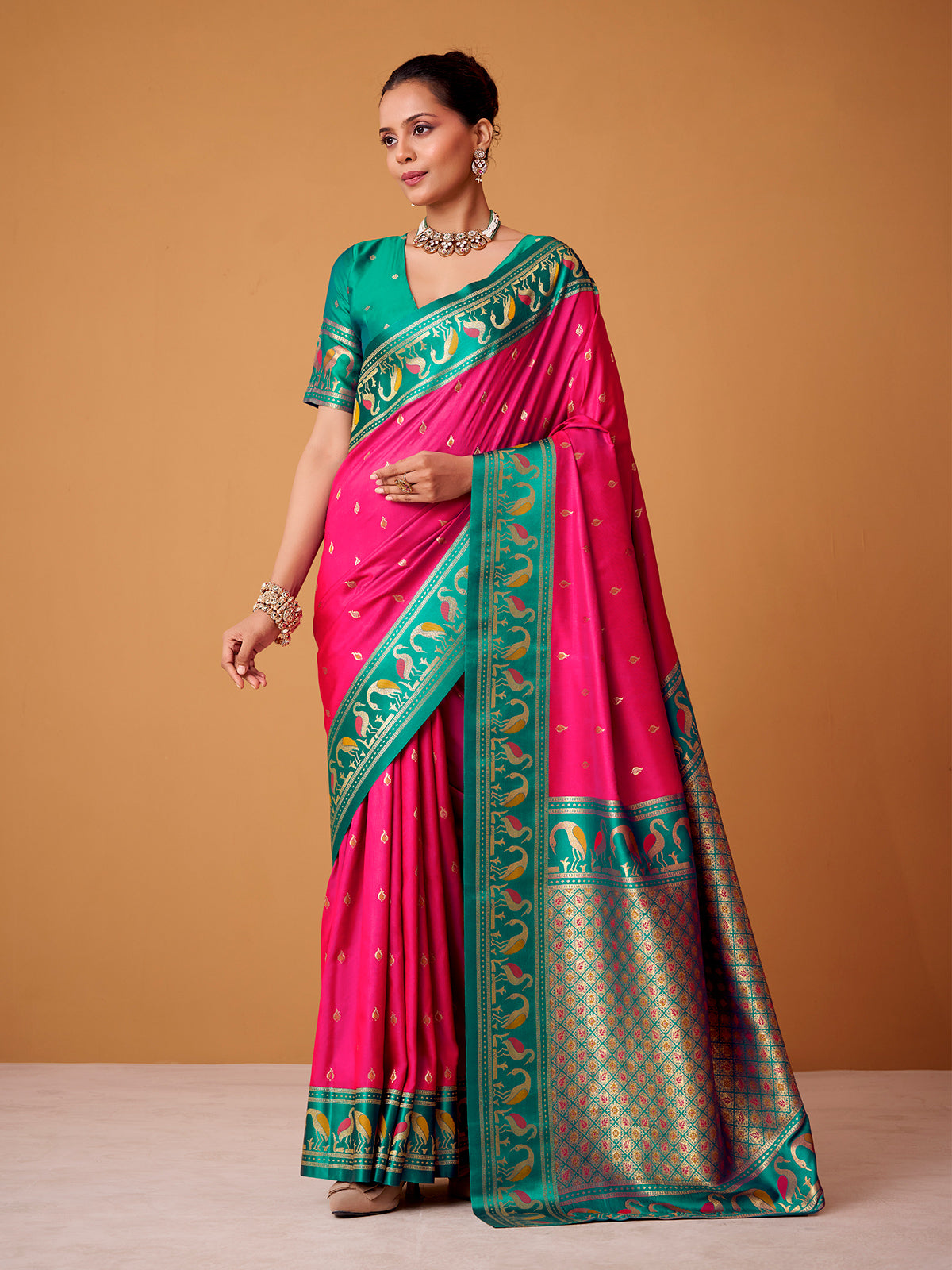 Rani pink zari worked satin silk saree