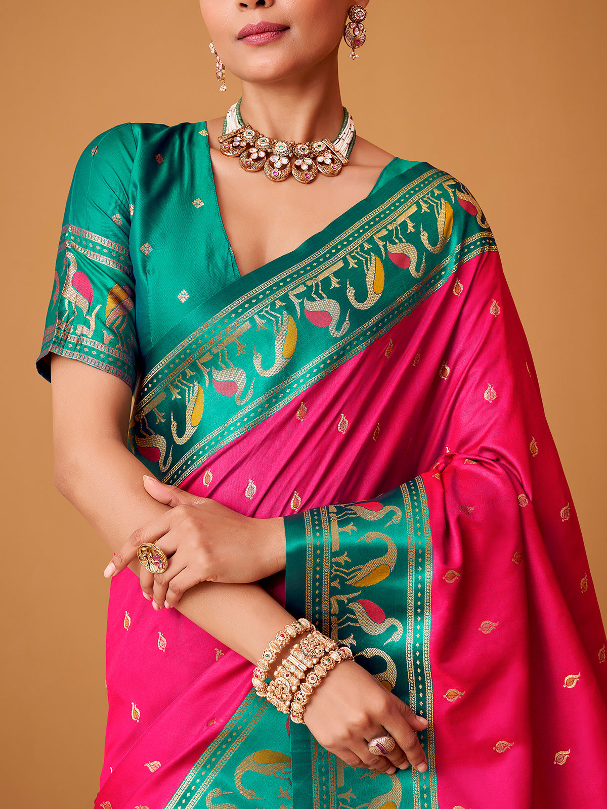 Rani pink zari worked satin silk saree