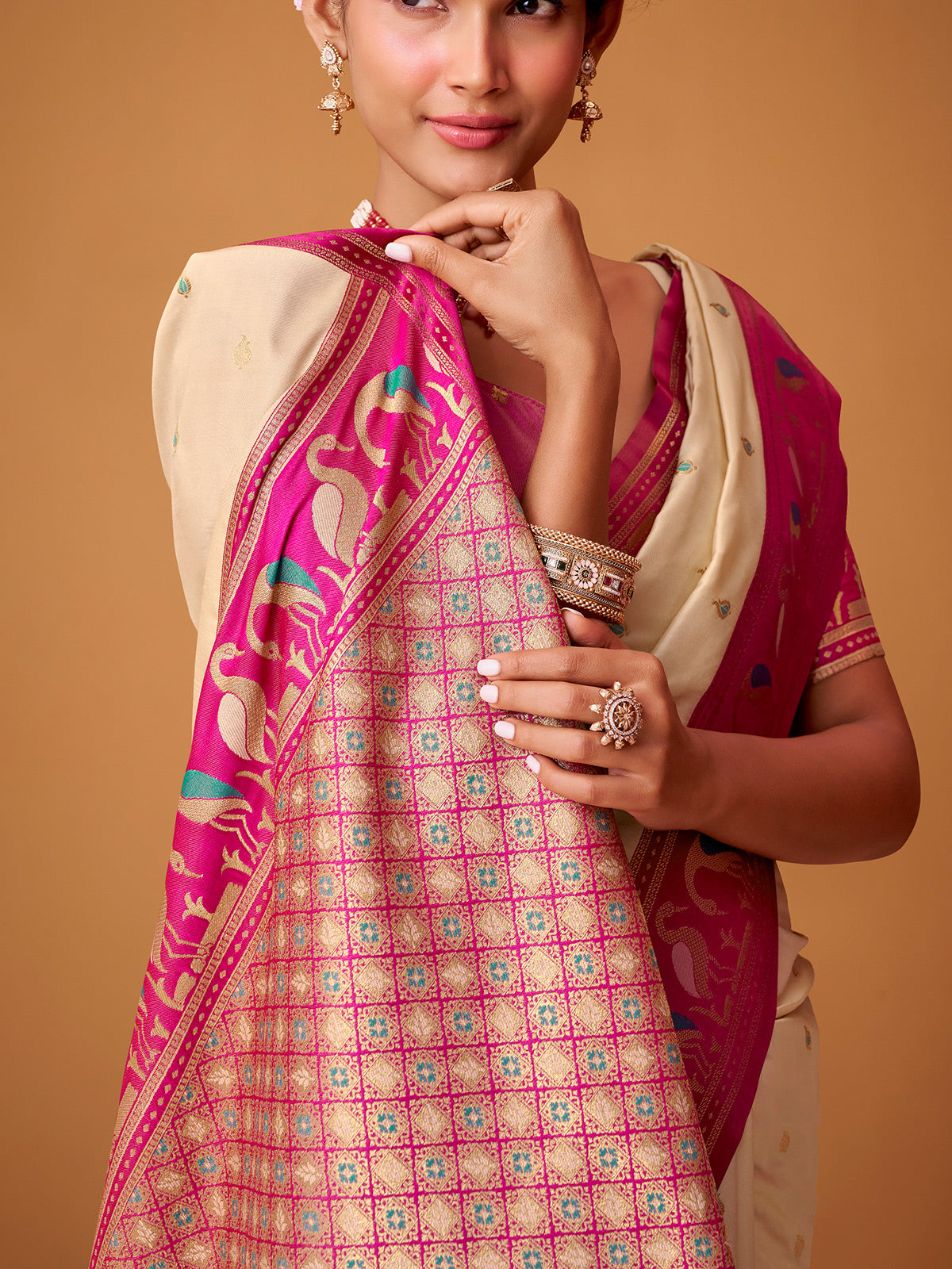Cream satin silk saree with gorgeous pink border
