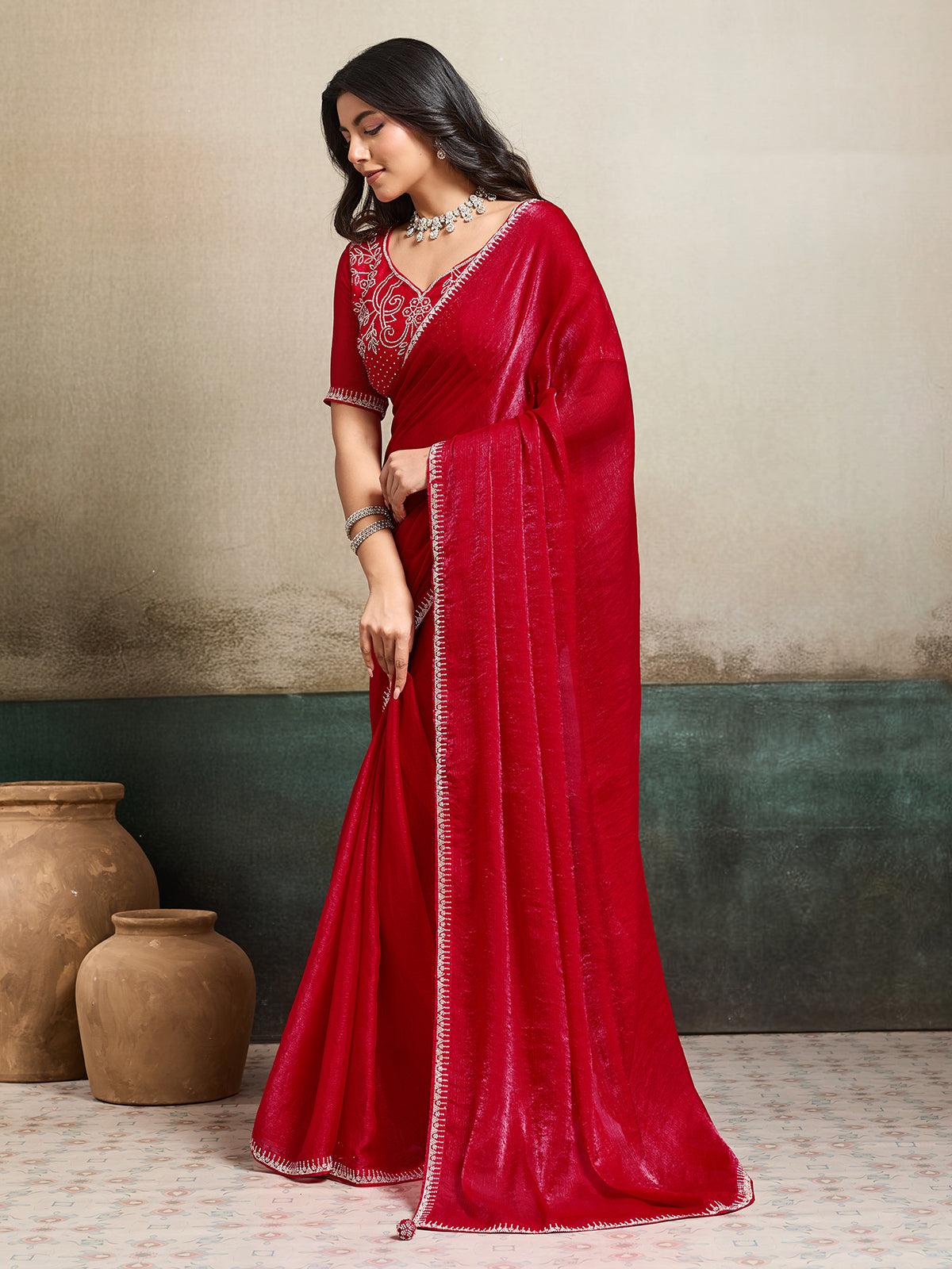 Red party wear fandy chiffon saree