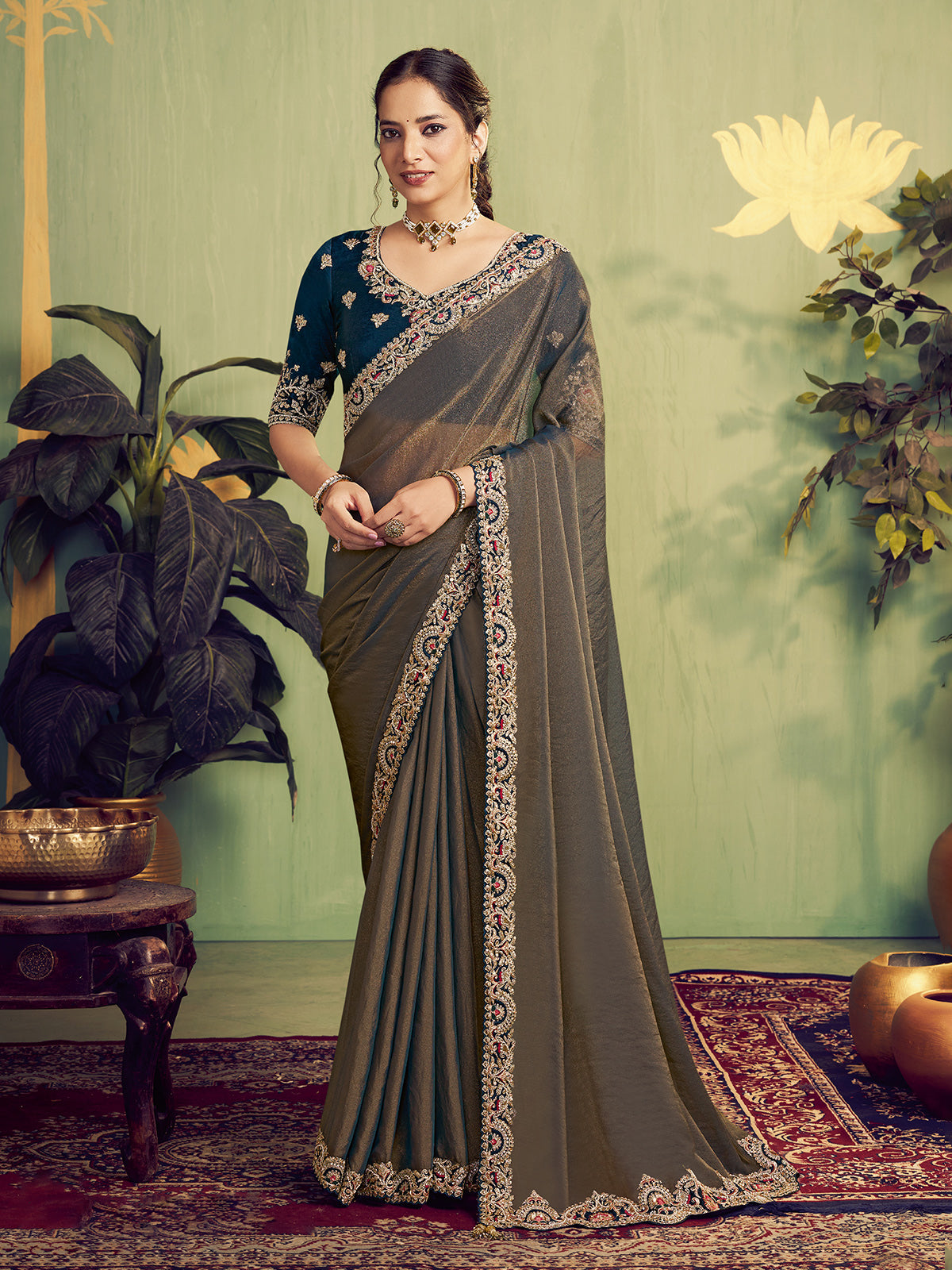 Dual tone blue organza satin saree