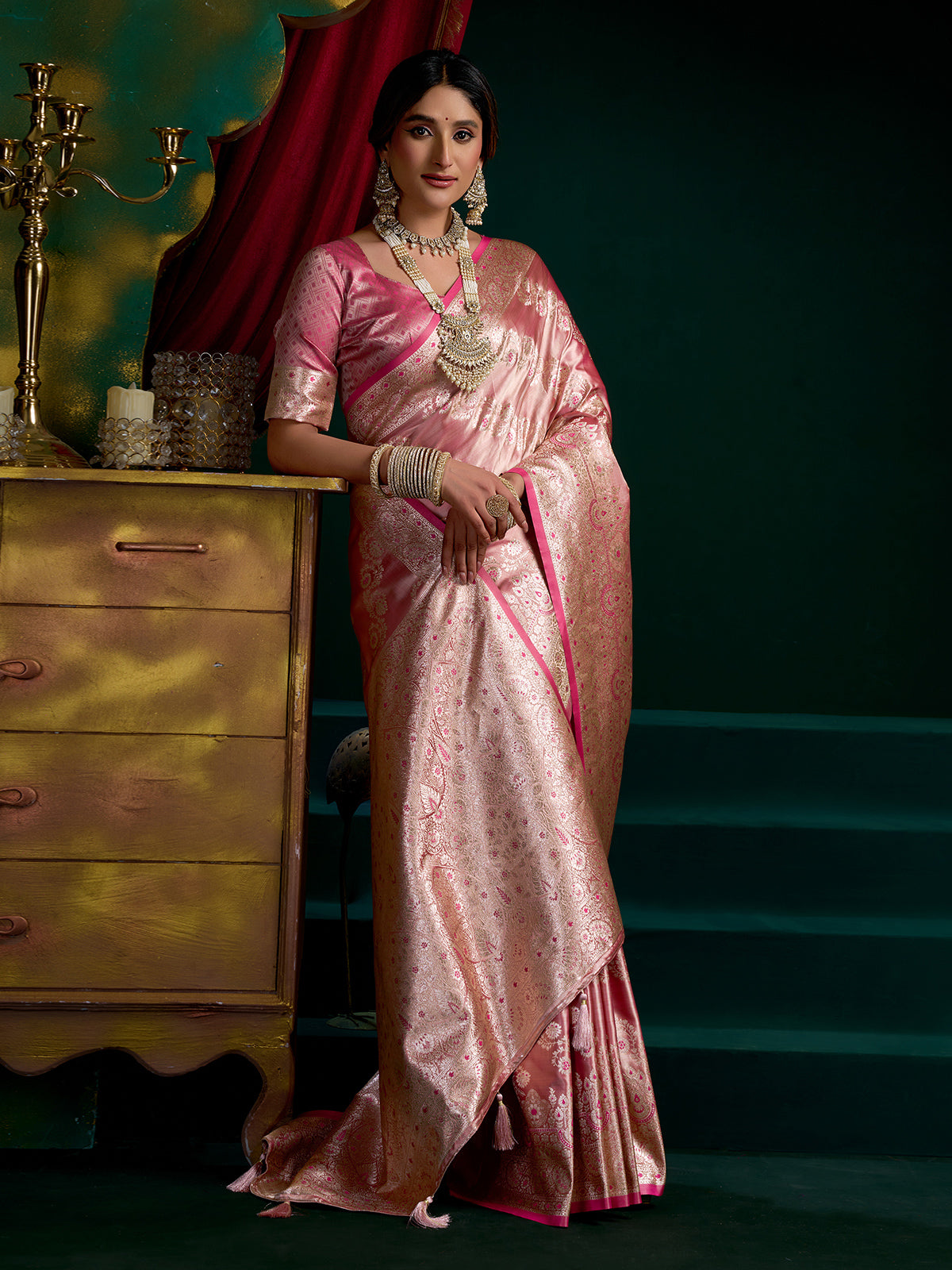 Shiny pink banarasi silk saree