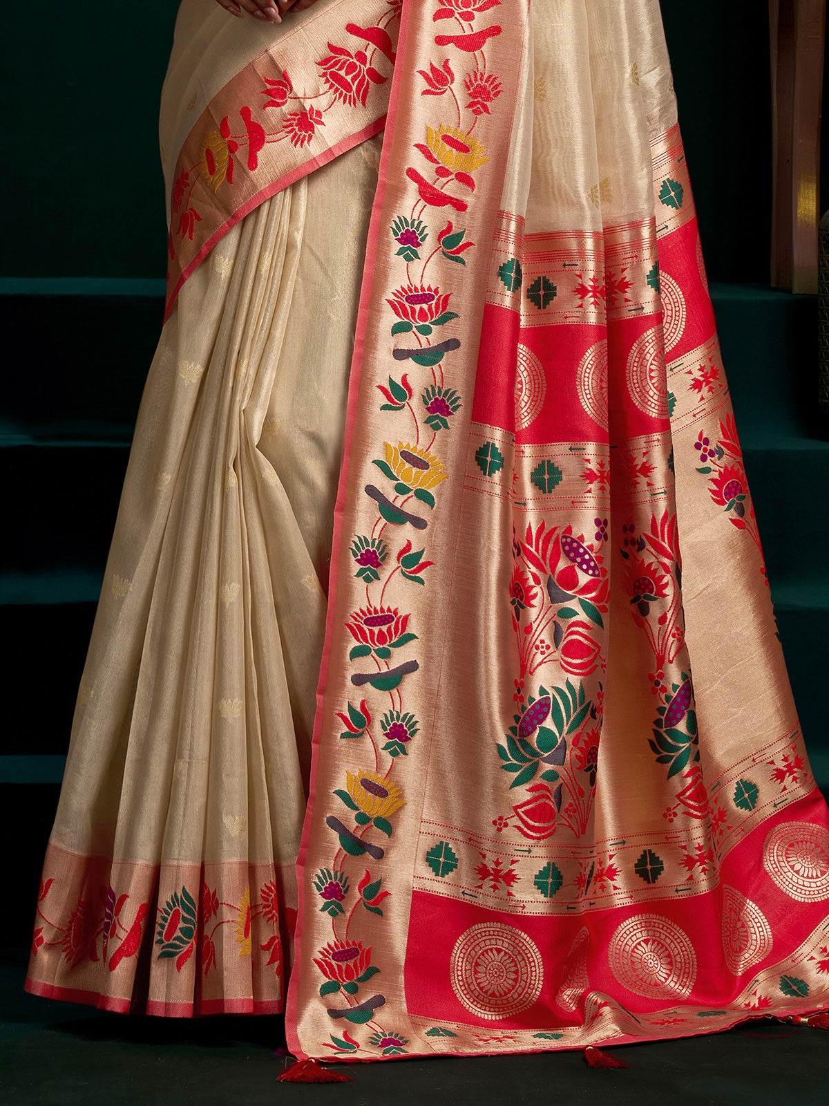 Cream tissue paithani silk saree
