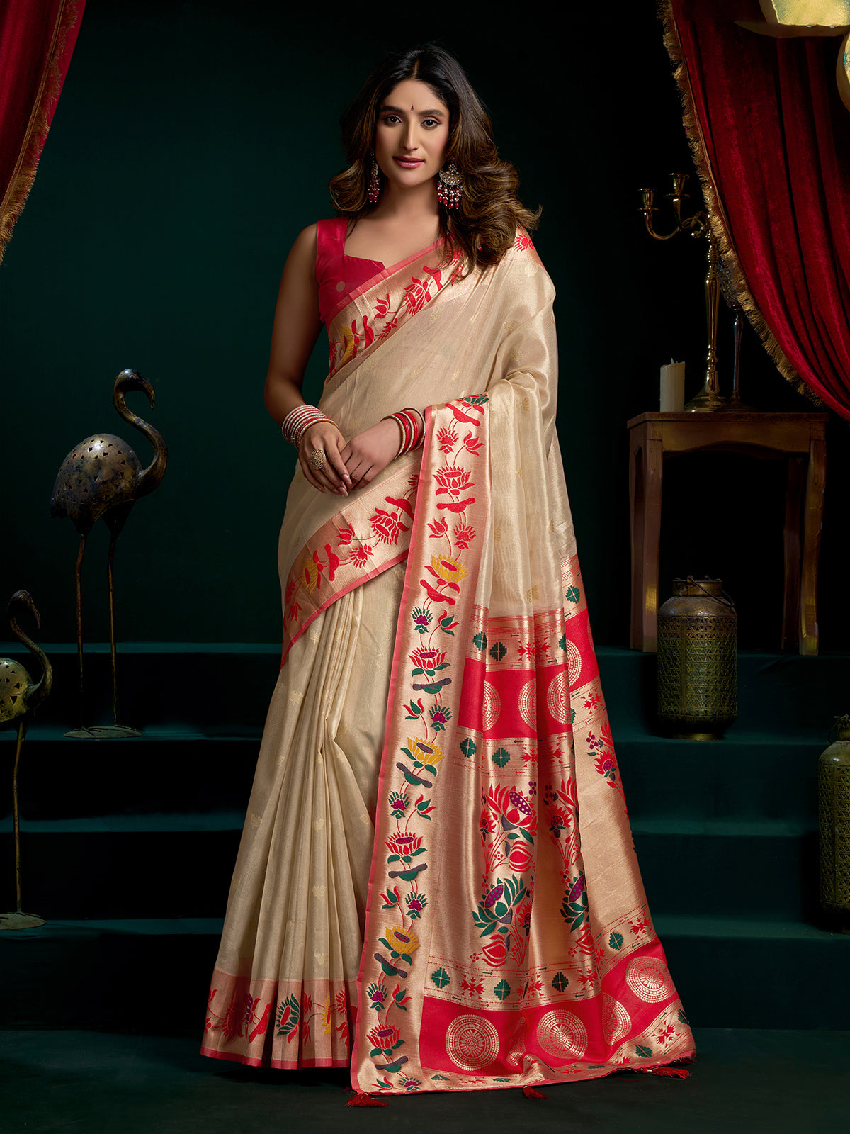 Cream tissue paithani silk saree