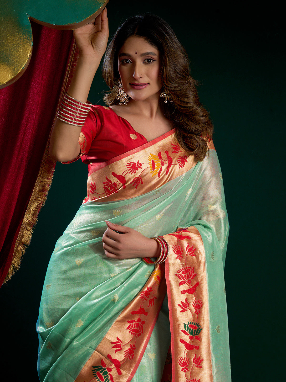 Rama green tissue paithani silk saree for wedding