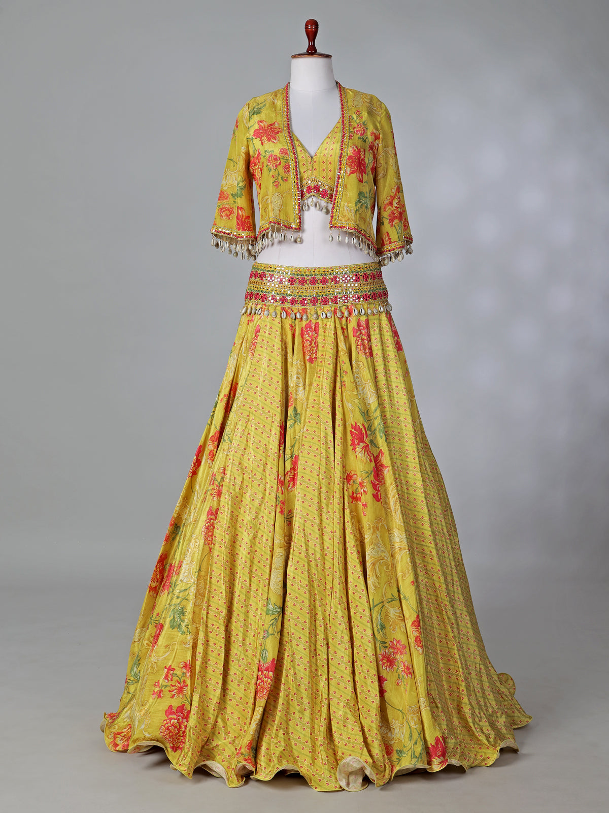 Yellow silk printed lehenga choli with short jacket