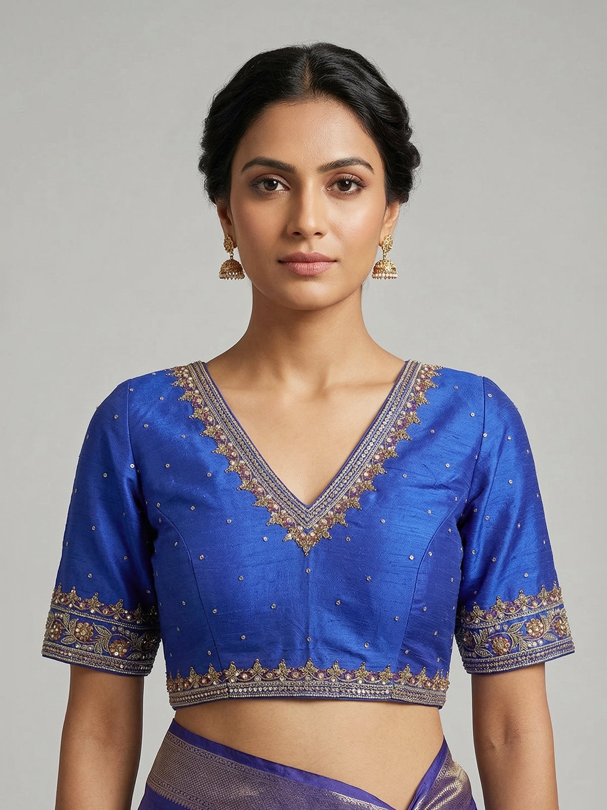 Blue raw silk zardosi V neck designer blouse