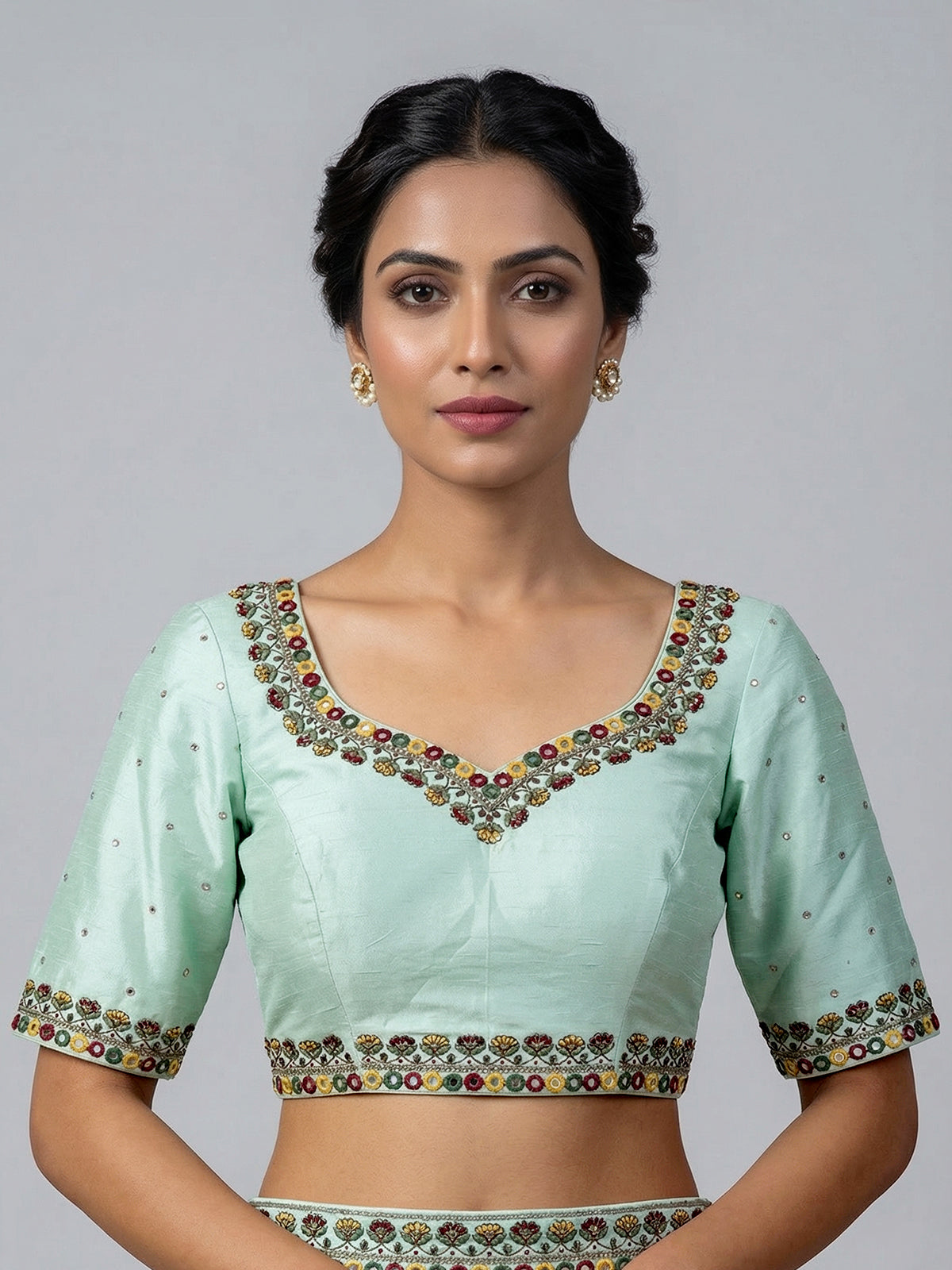 Aqua blue raw silk mirror work blouse