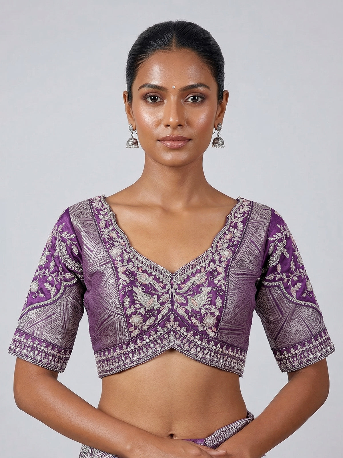 Purple modal silk blouse for wedding wear sarees