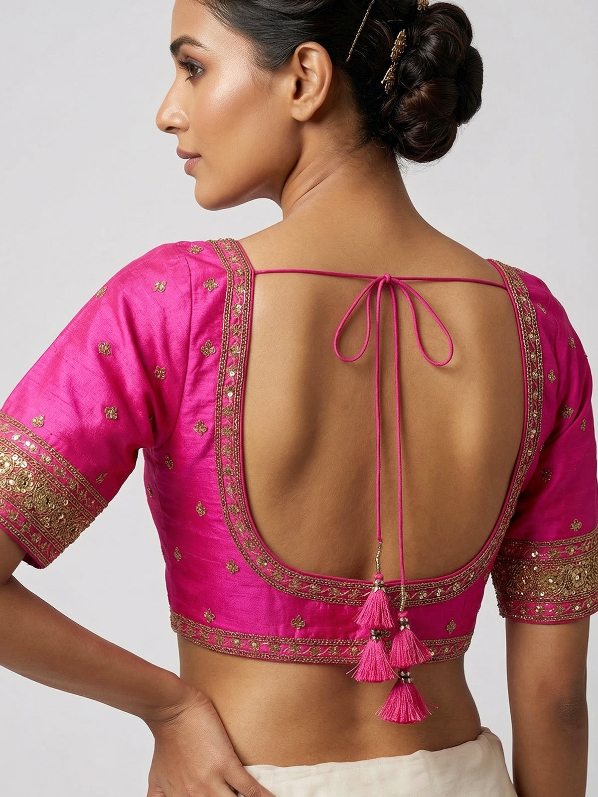 Magenta raw silk heavy embellished elbow sleeve blouse