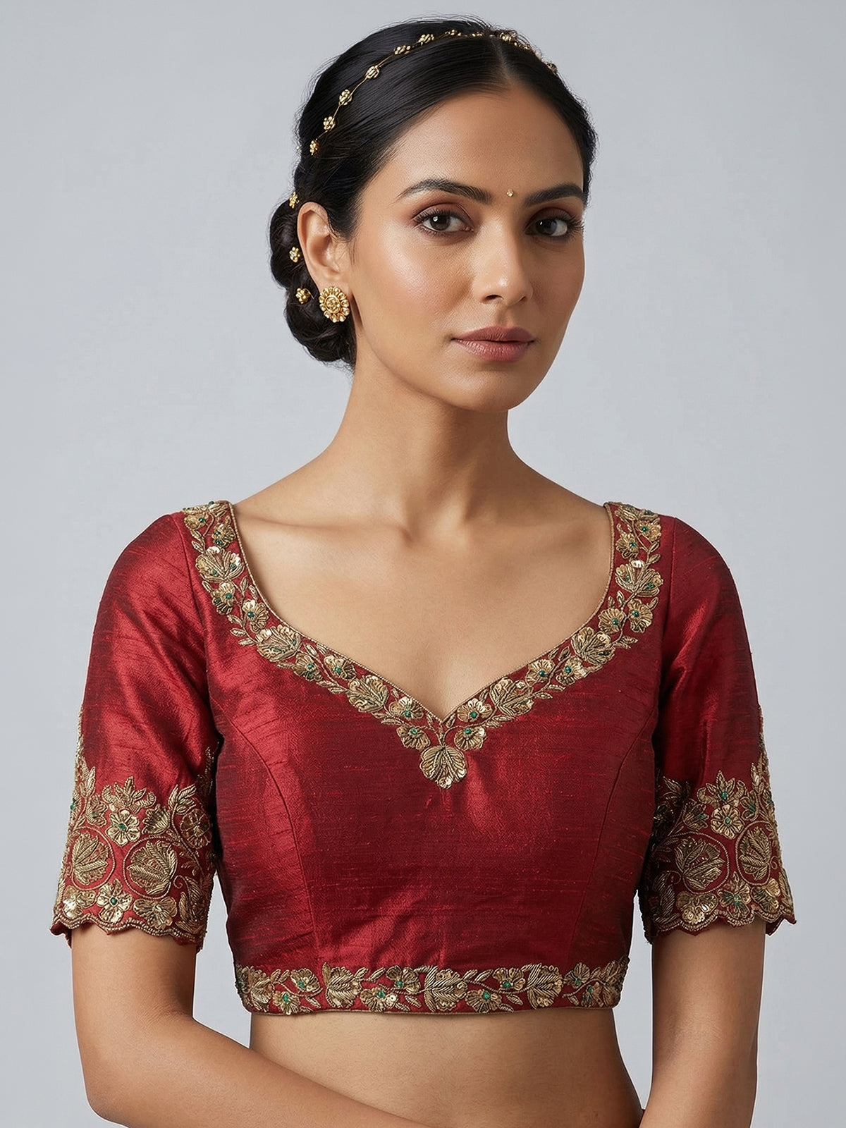Maroon raw silk zardosi work sweetheart blouse
