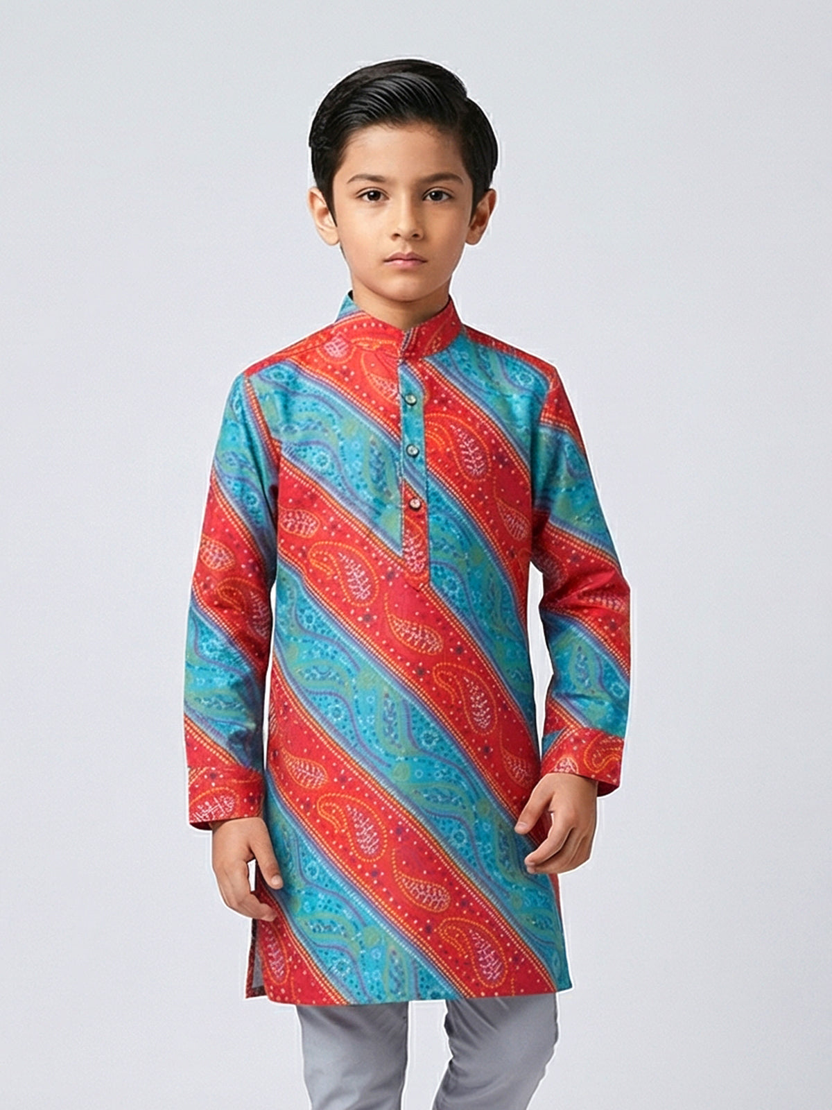 Red and blue bandhej silk kurta