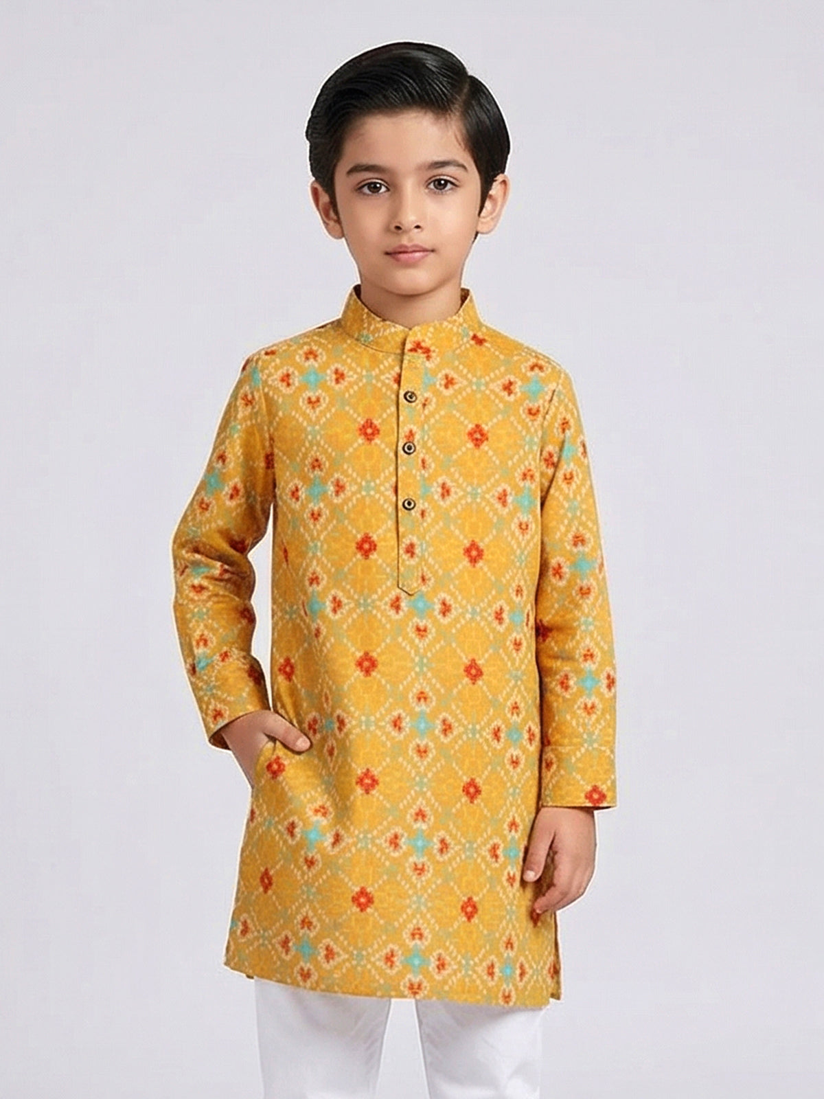 Orange bandhej silk kurta in printed