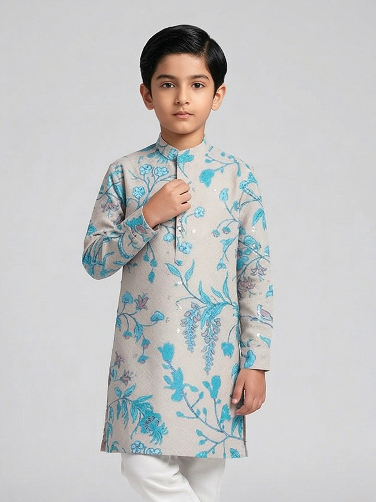 Beige and blue embroidery work kurta
