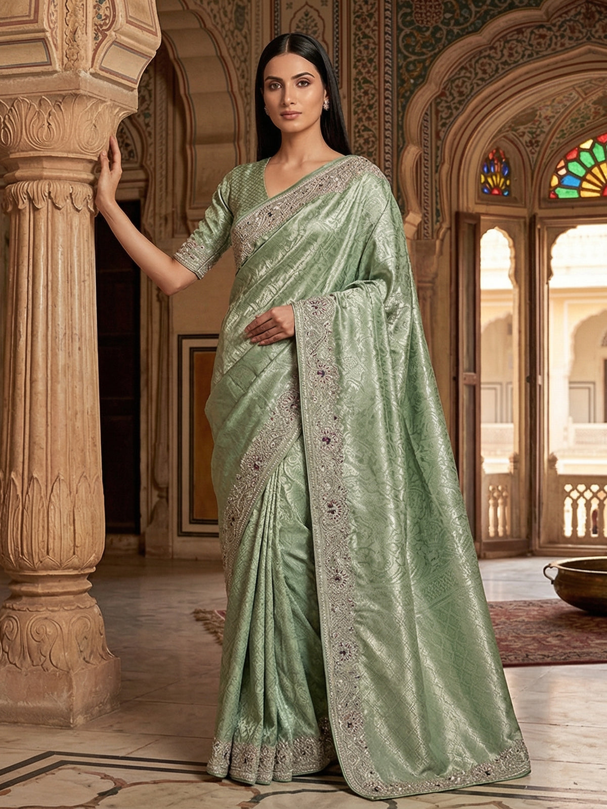 Designer pista green tissue silk saree