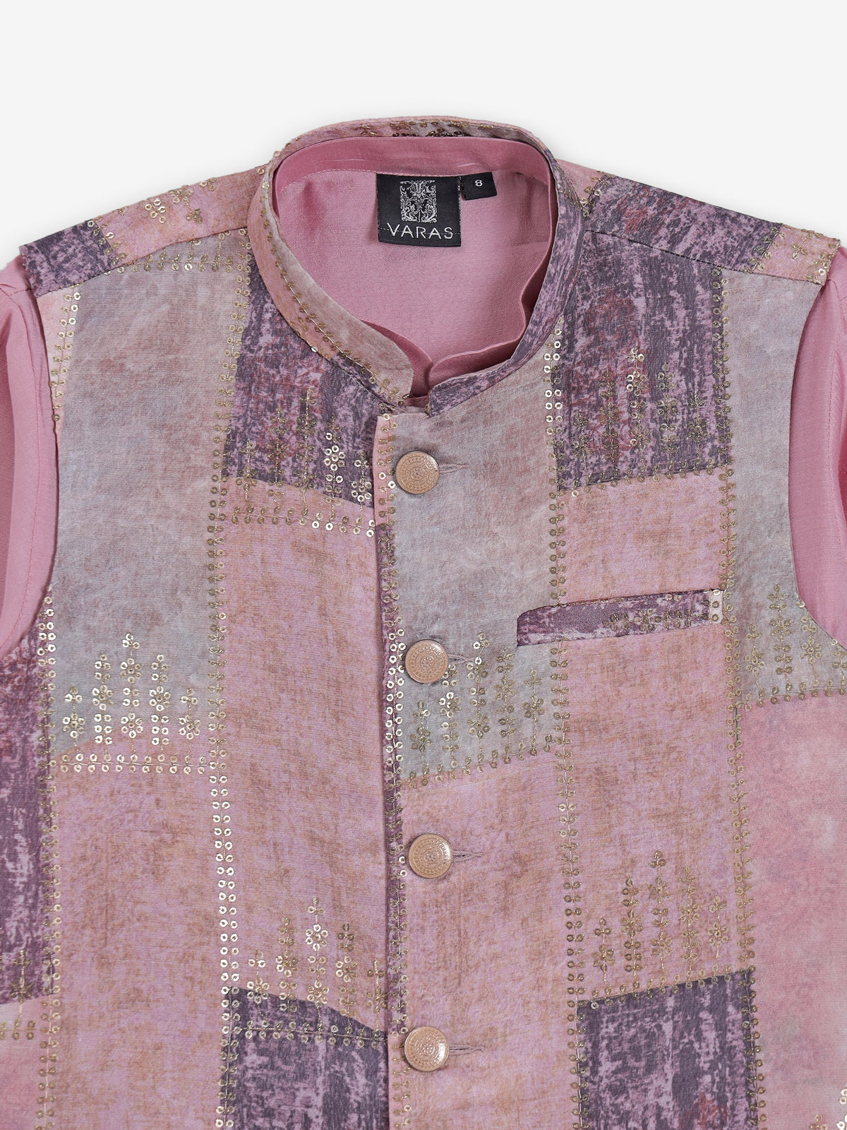 Light pink cotton silk waistcoat set with print