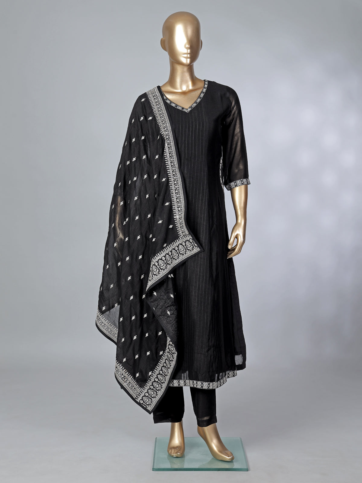 Black silk embroidered anarkali suit with dupatta