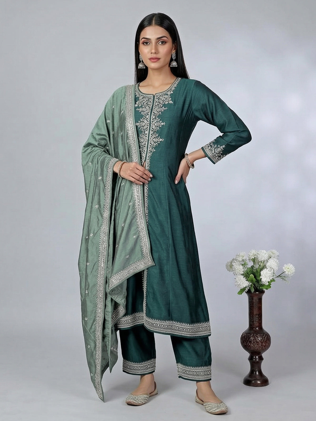 Peacock green silk embroidered palazzo suit with dupatta