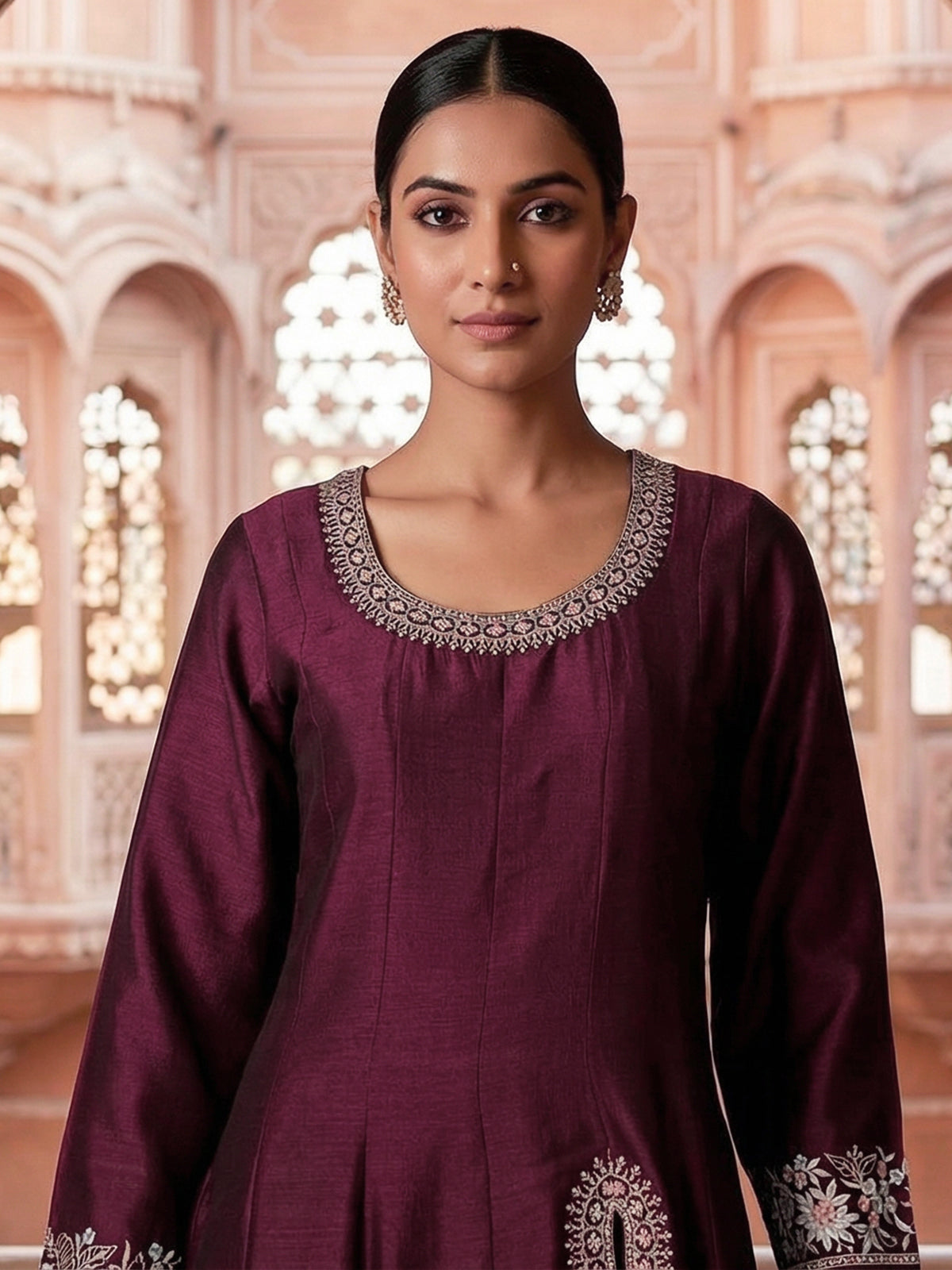 Wine silk embroidered festive palazzo suit with contrast dupatta