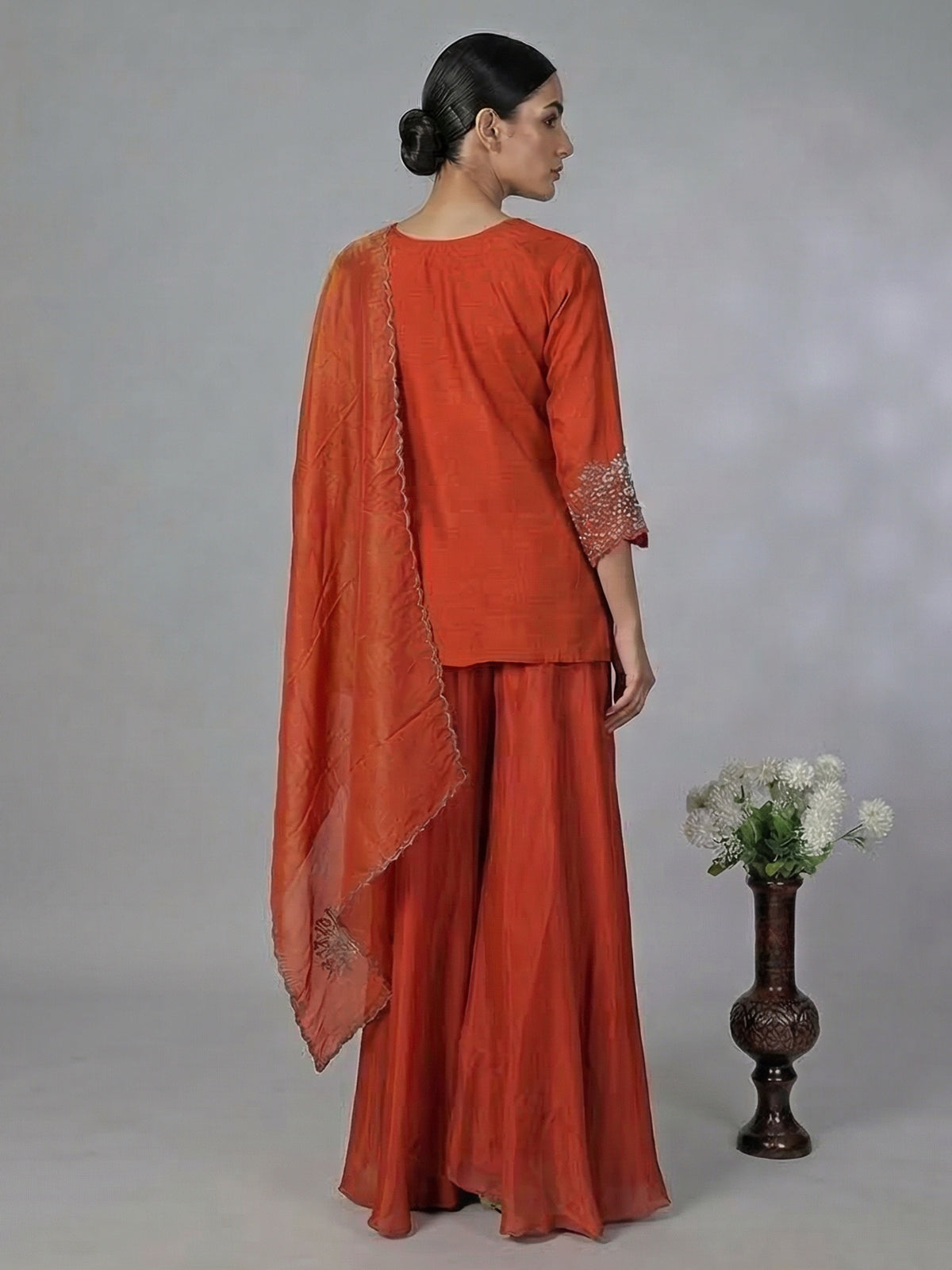 Rust orange chiffon silk embellished palazzo festive suit