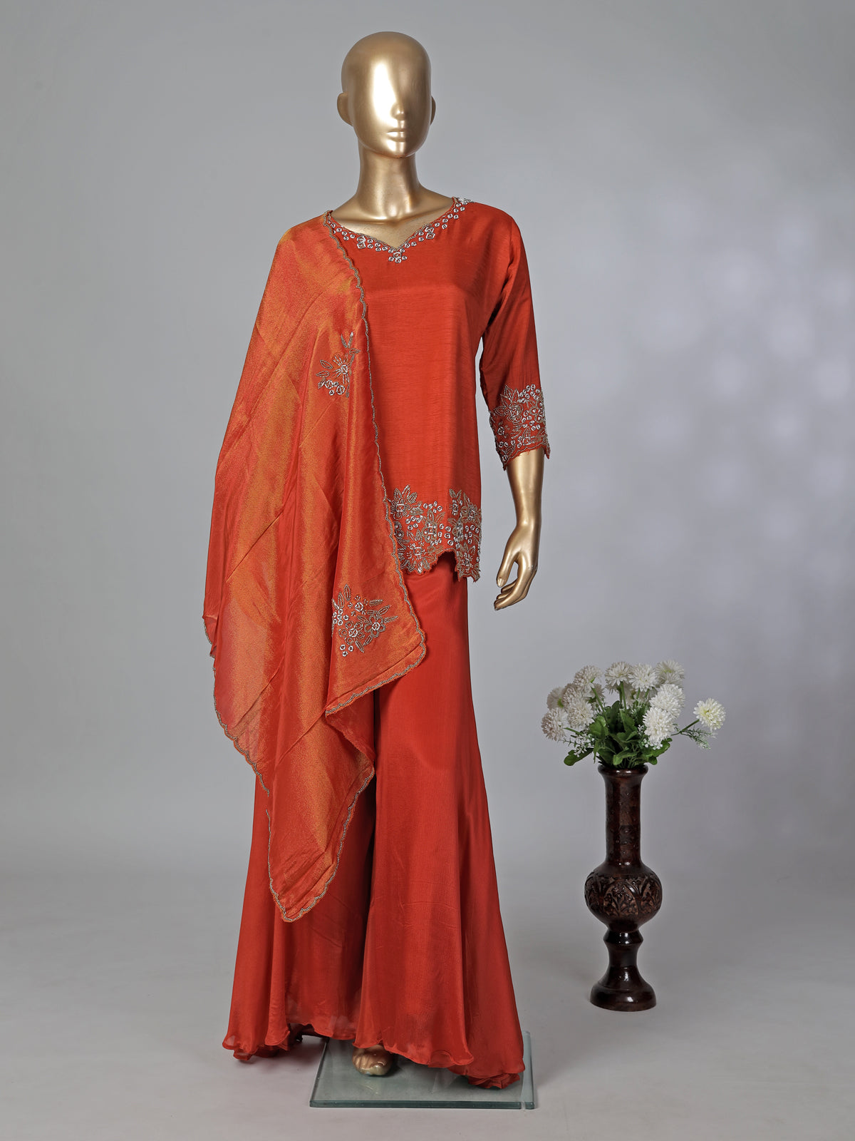 Rust orange chiffon silk embellished palazzo festive suit