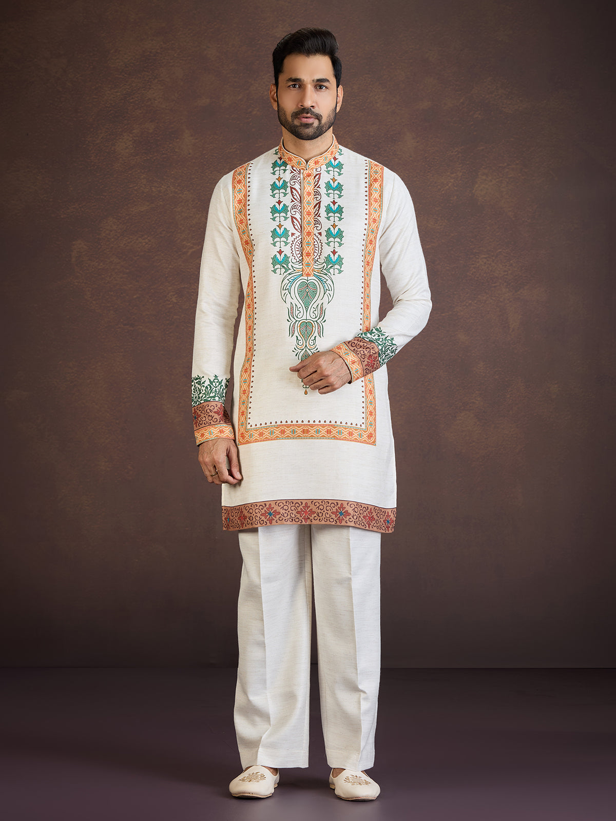 Off white printed soft linen kurta suit