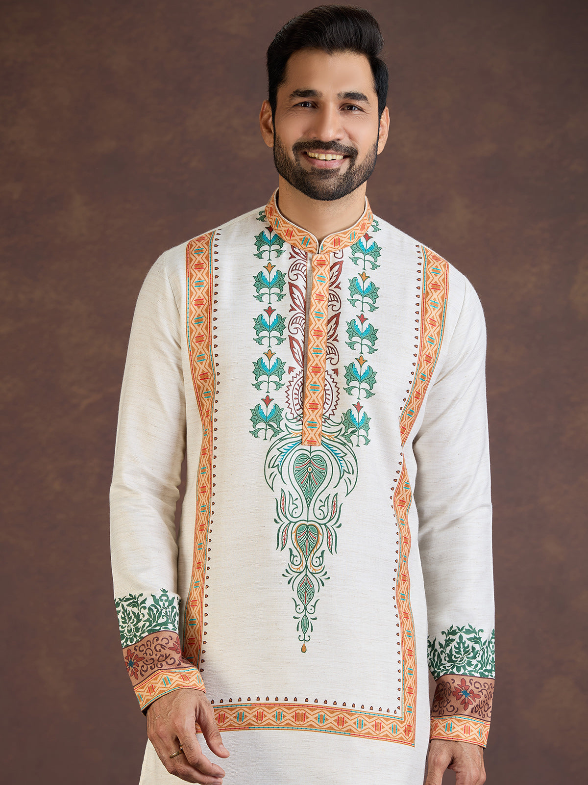 Off white printed soft linen kurta suit