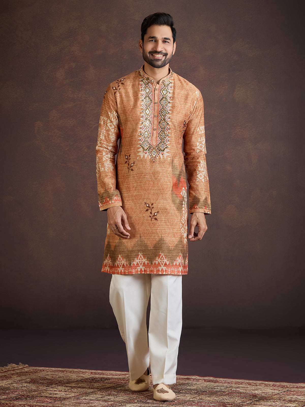Rust orange printed silk kurta suit with dupatta