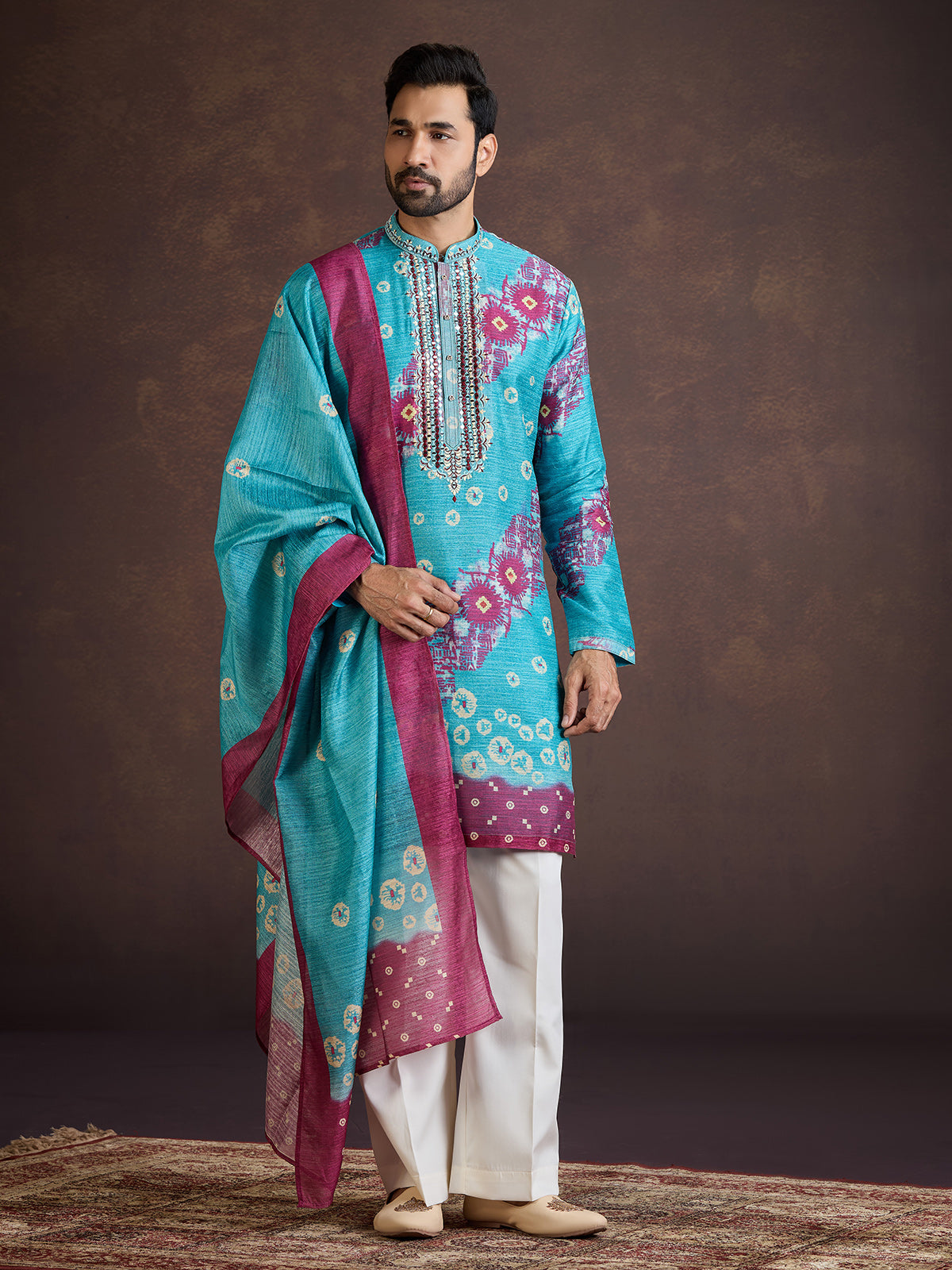 Turquoise blue thread worked silk kurta suit with dupatta