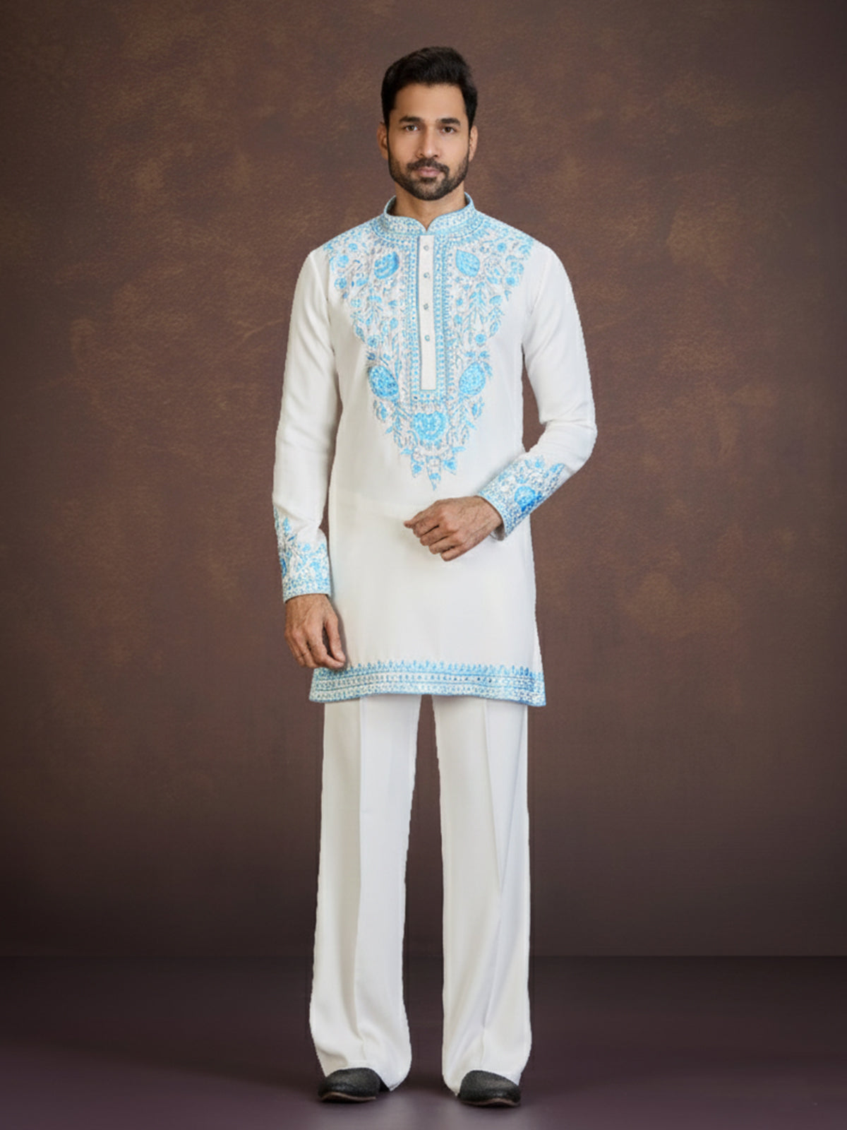 White viscose blend kurta suit with blue thread embroidery