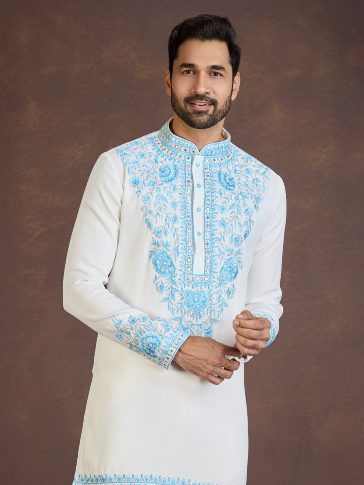 White viscose blend kurta suit with blue thread embroidery
