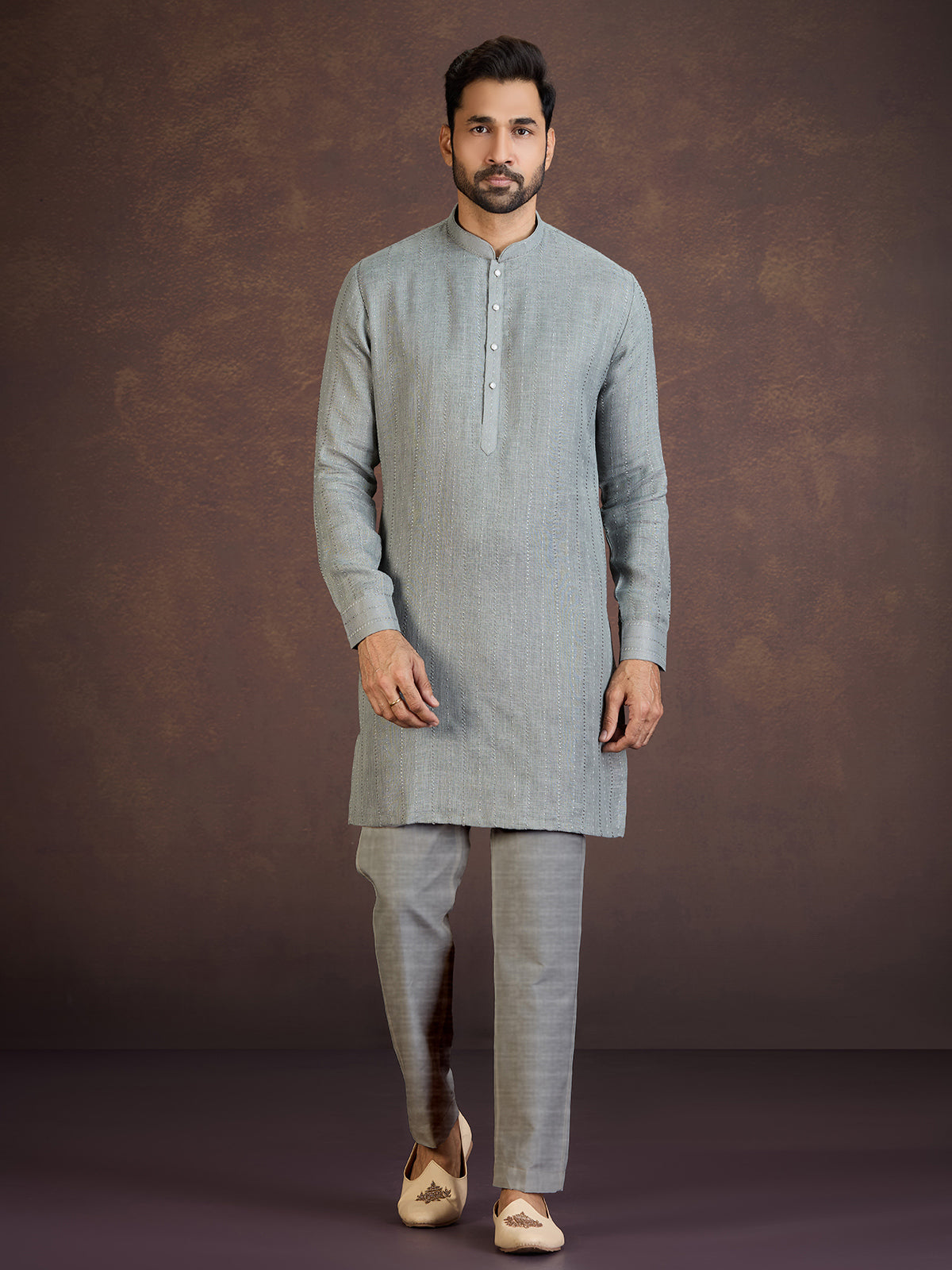 Grey cotton linen kurta suit with thread detailing