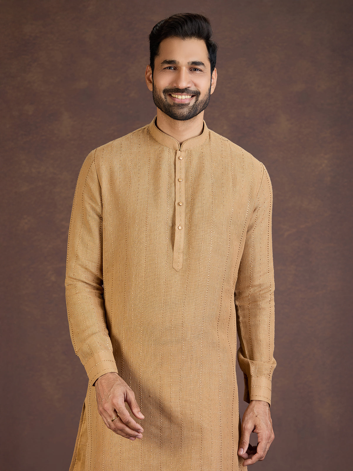 Mustard yellow festive wear cotton linen kurta suit