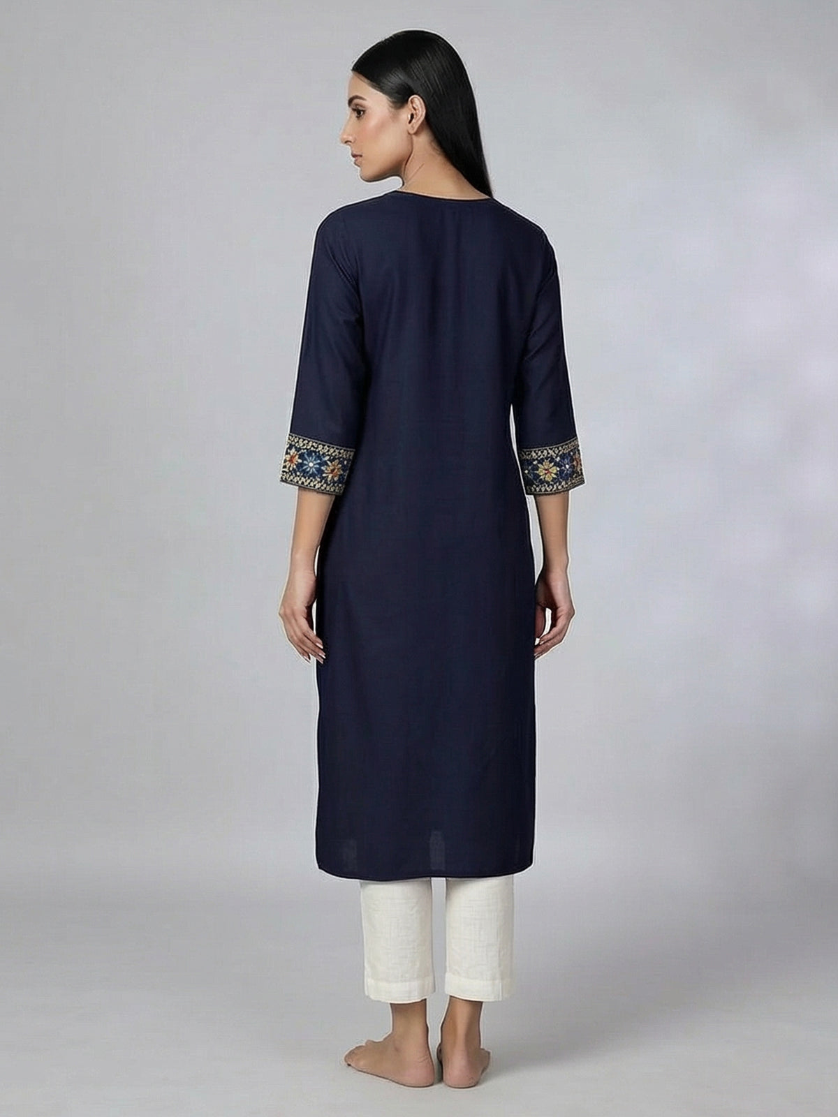 Navy blue cotton silk embroidered casual kurti