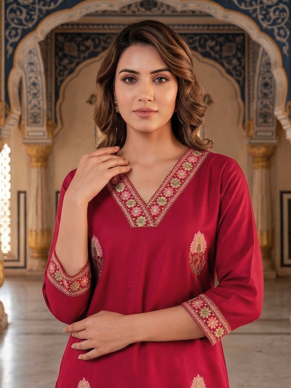 Bright maroon cotton silk embroidered elegant casual kurti