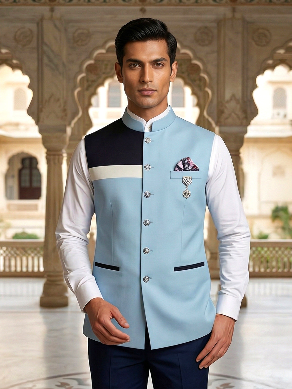 Party wear solid blue cotton waistcoat