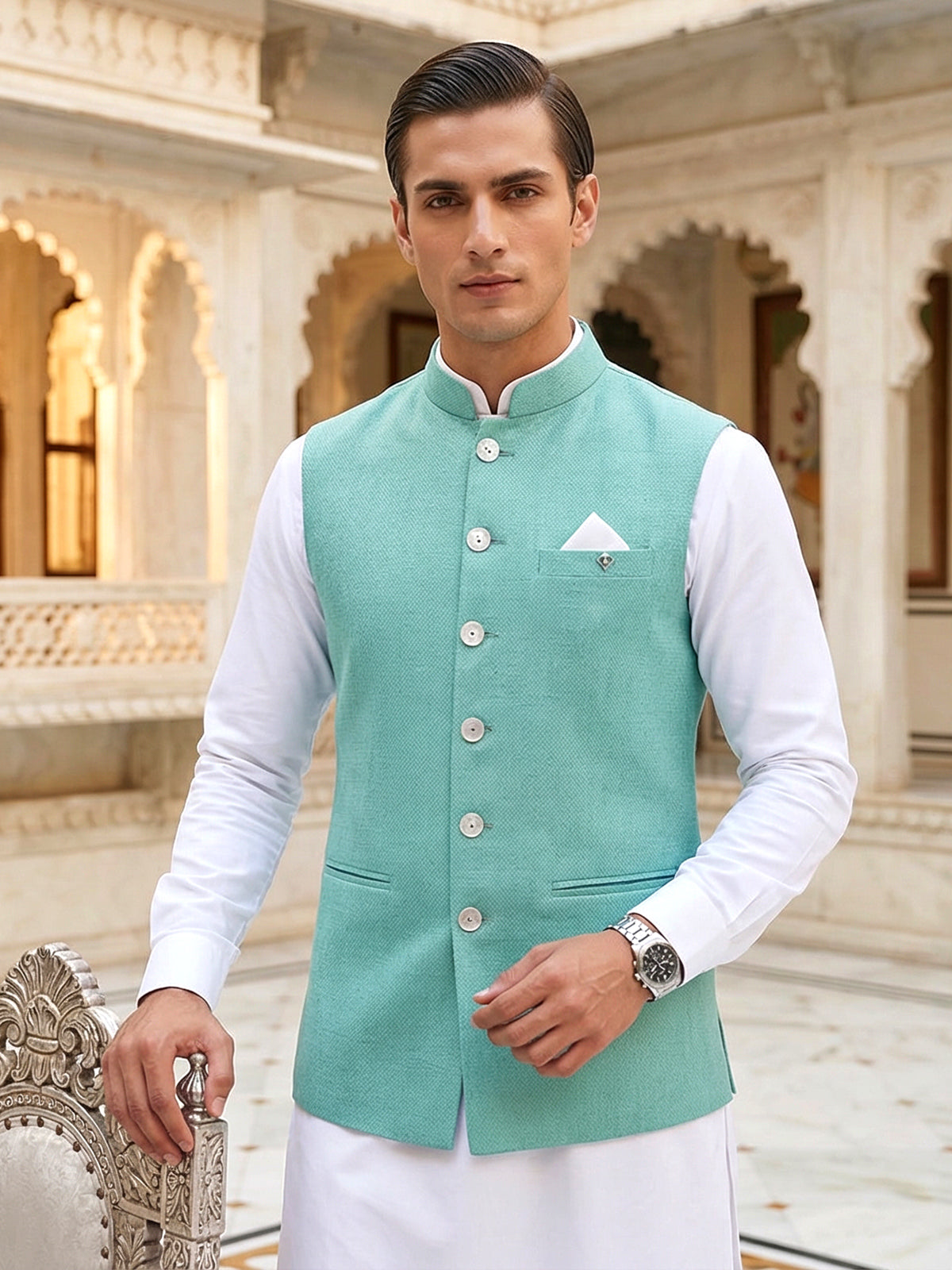Sea green plain silk waistcoat