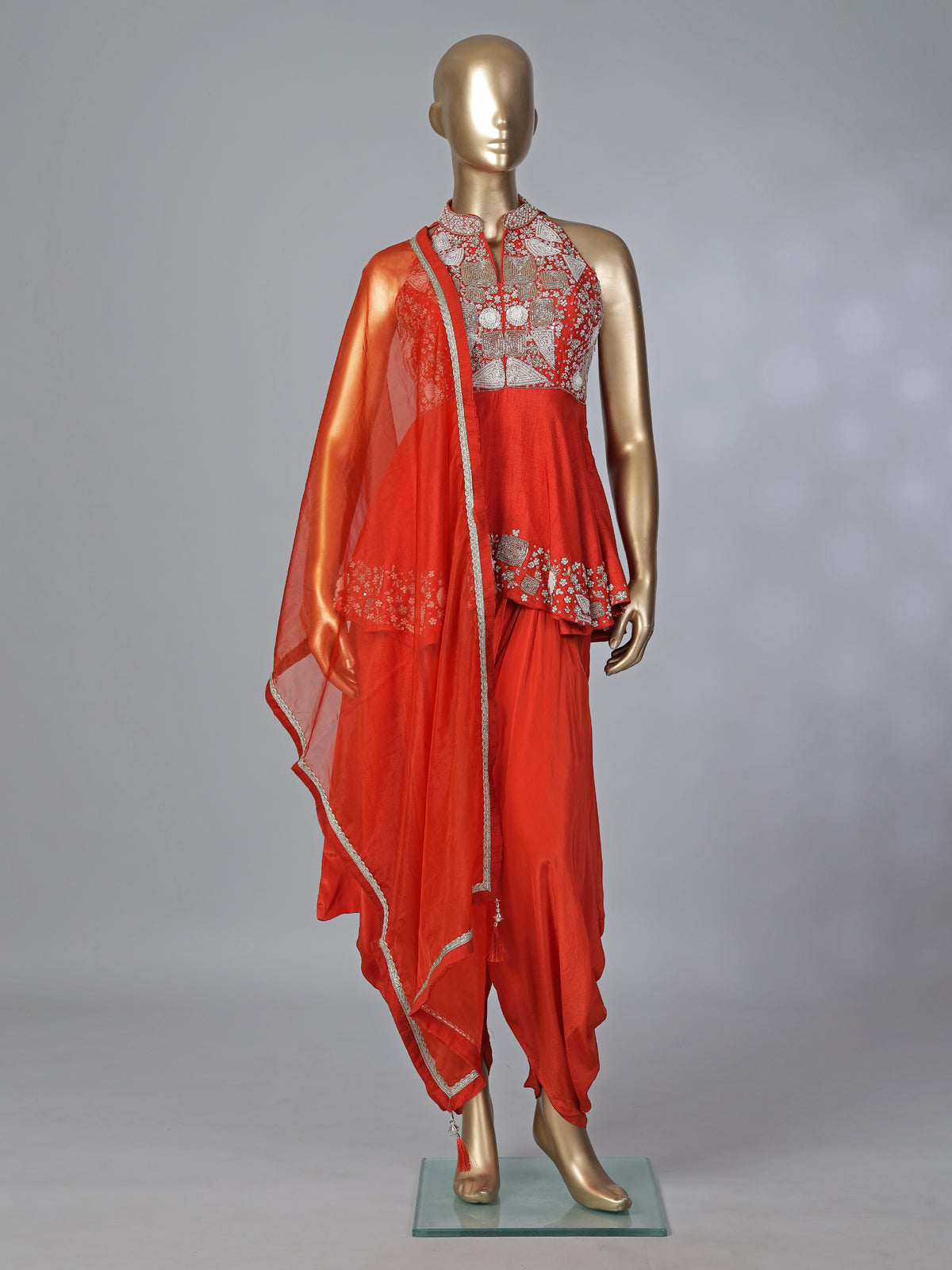 Rust orange designer silk dhoti suit with embellished dupatta