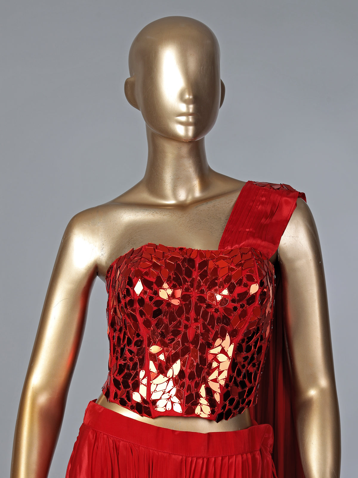 Red satin silk mirror designer suit with attached dupatta