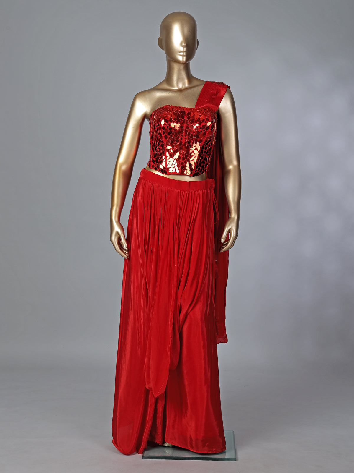 Red satin silk mirror designer suit with attached dupatta