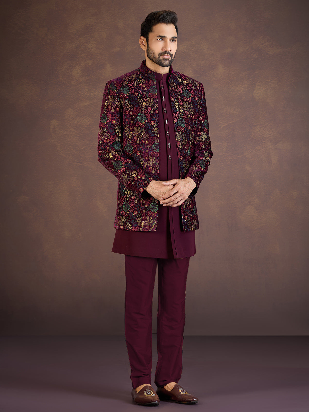Wine velvet Indo western jacket set with multicolour embroidery