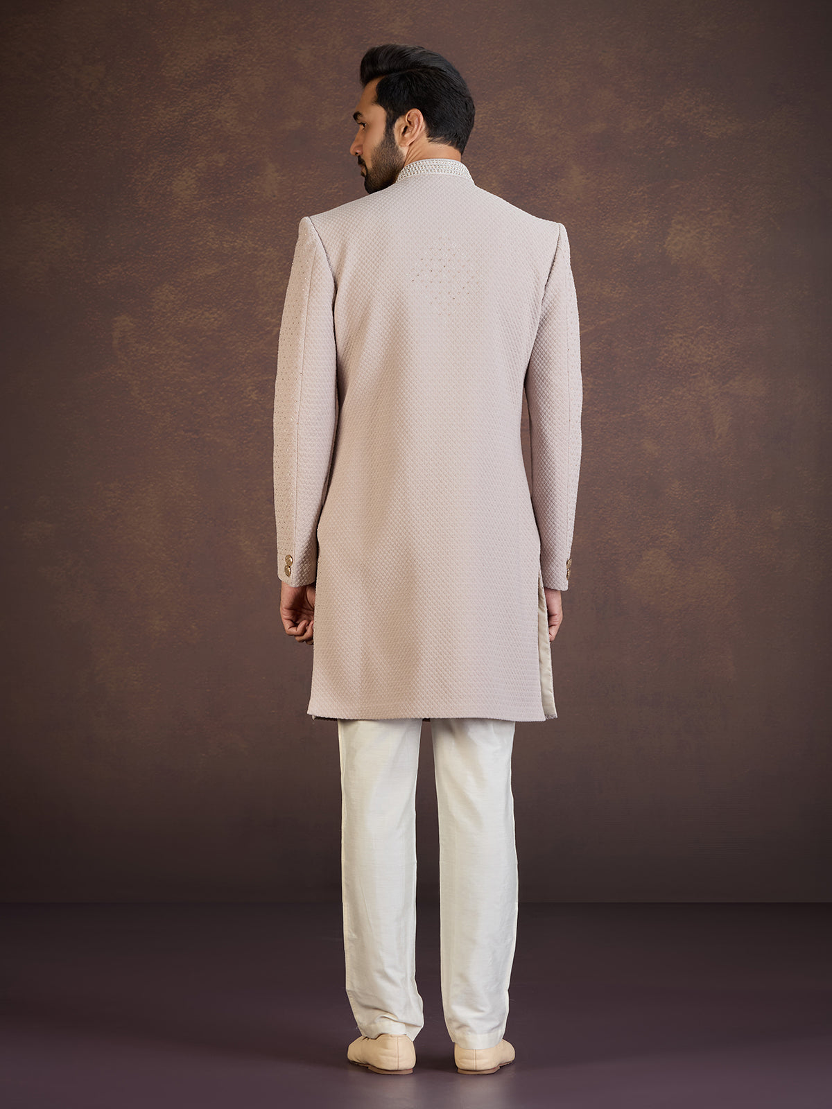 Light brown jacquard indo western set with stone work
