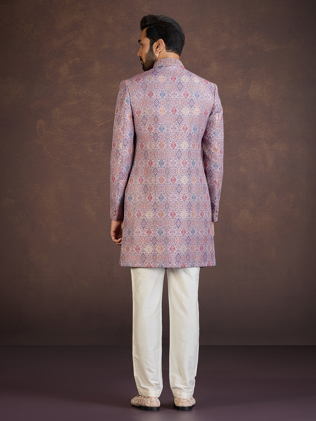 Multicolour jacquard indo western set with embellished embroidery