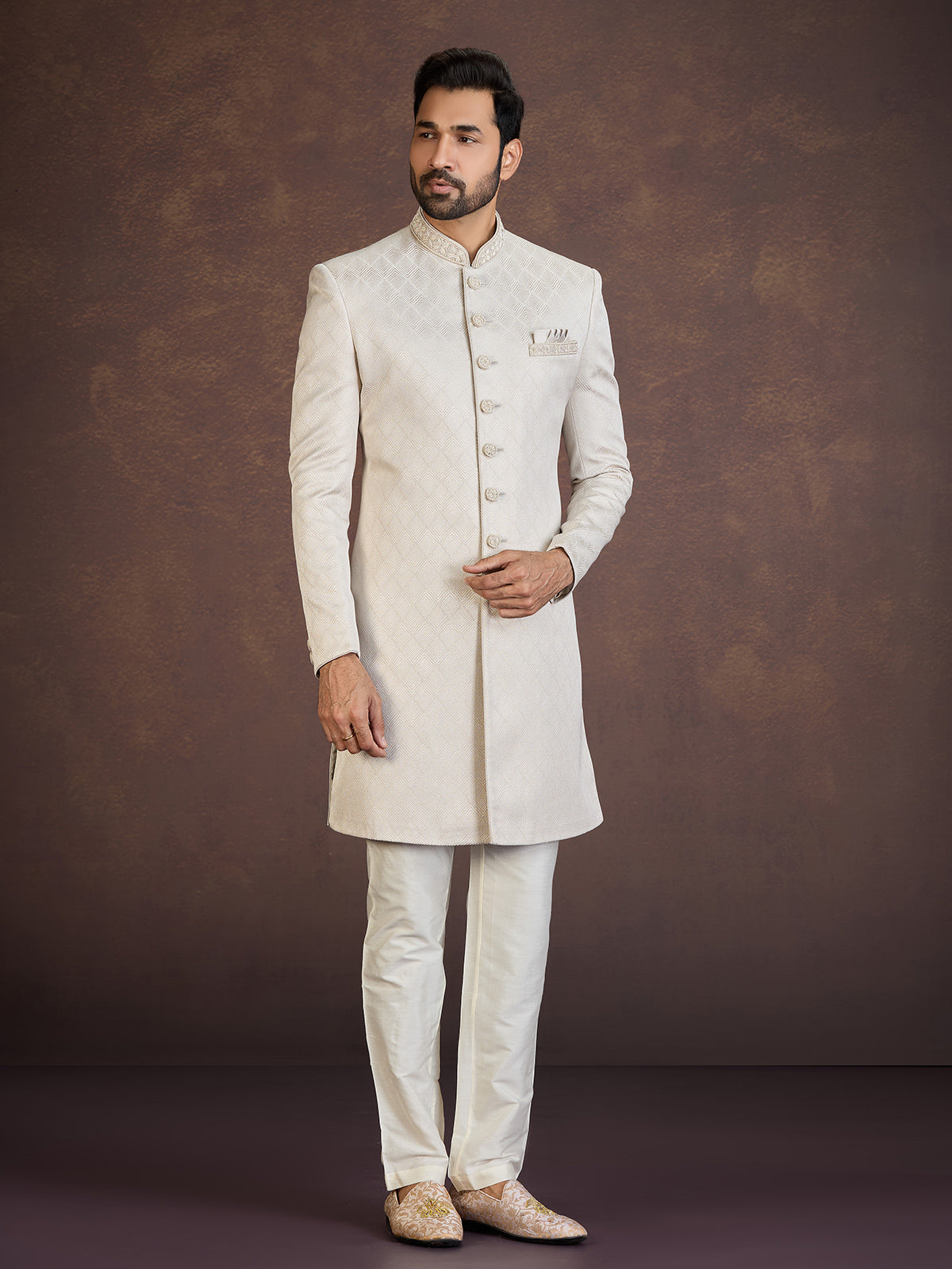 Beige jacquard Indo western set with elegant embellishment work