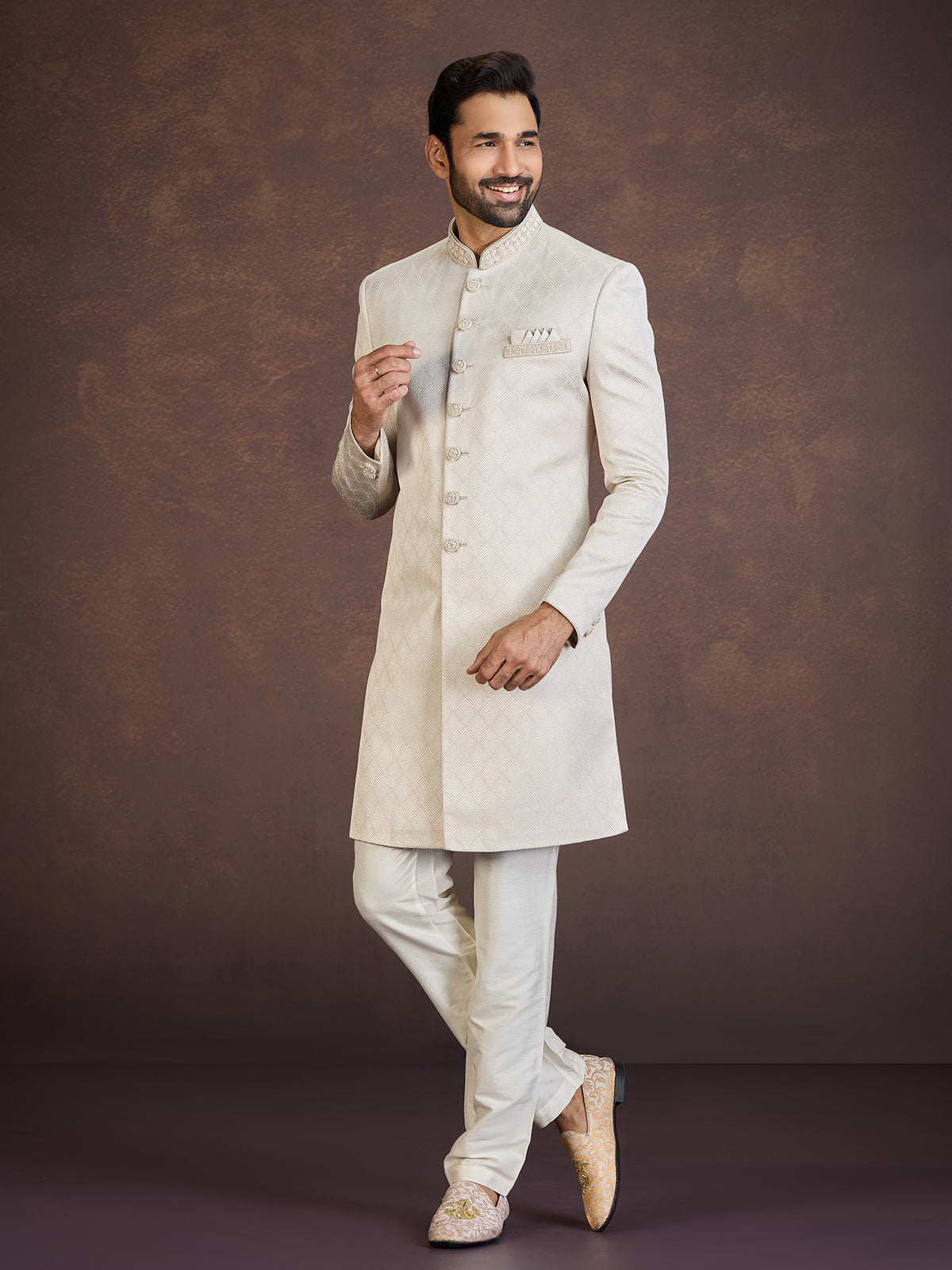 Beige jacquard Indo western set with elegant embellishment work